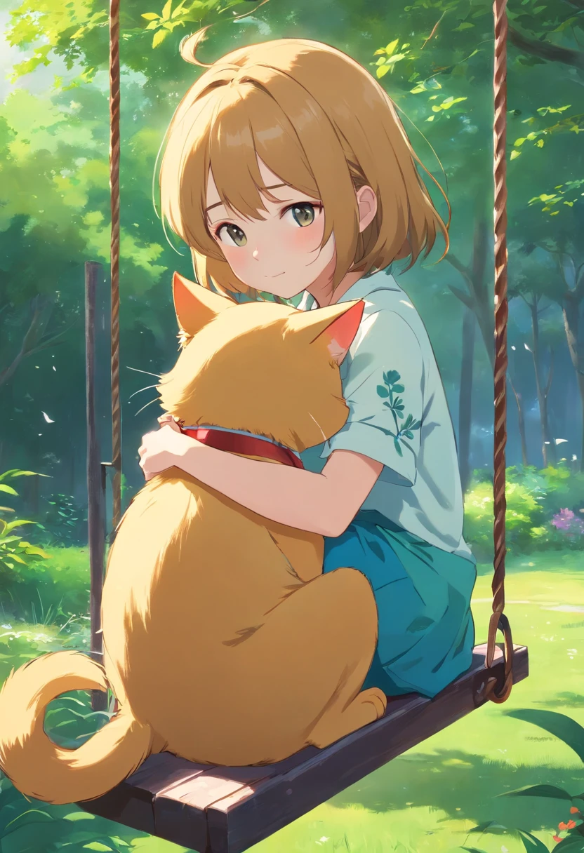 Little girl hugging golden cat, Sit on the swing in the middle of the wide yard.