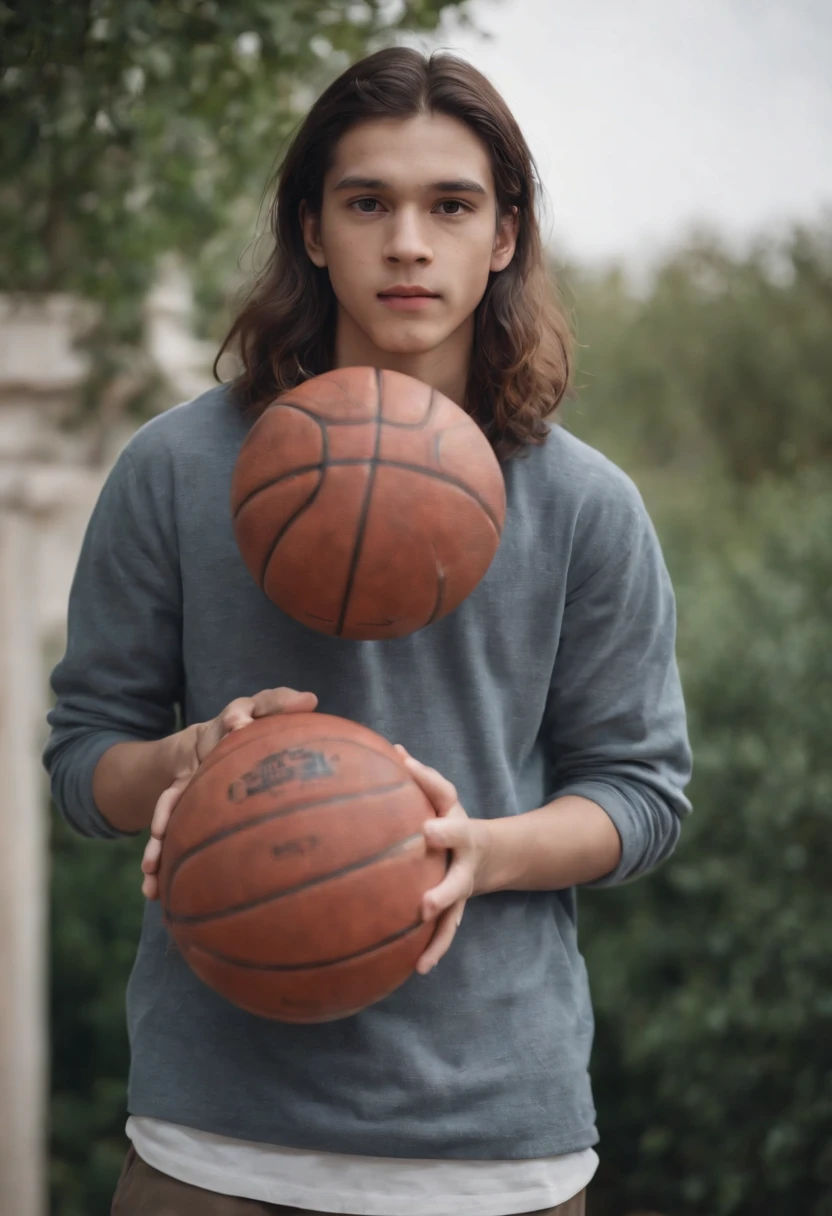 1 boy standing, wearing basket ball shirt, very detail, realistic, holding ball, 27 years old, long hair