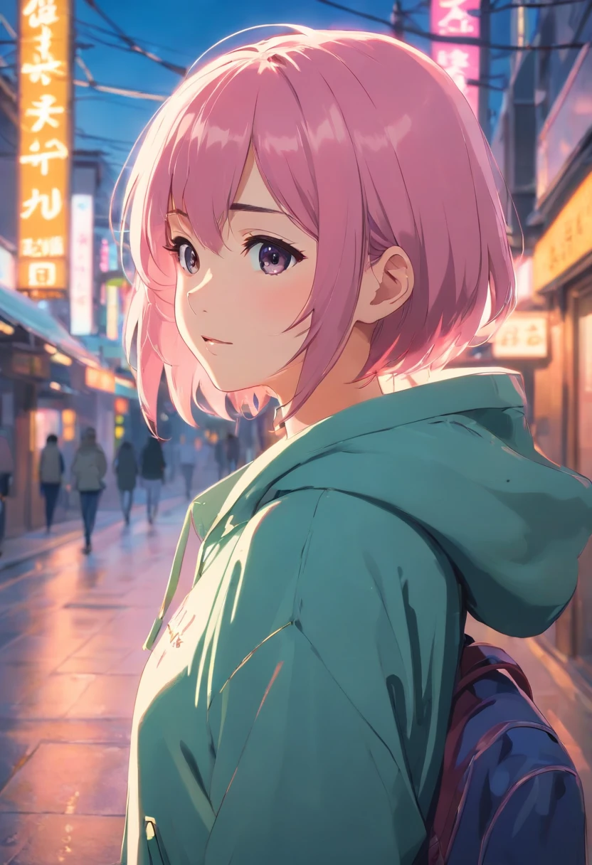 ​masterpiece、top-quality、Movie stills、1girl in、发光、Happiness、Warm and soft lighting、japanaese girl、Pink hair、Shorthair、I'm wearing a hoodie