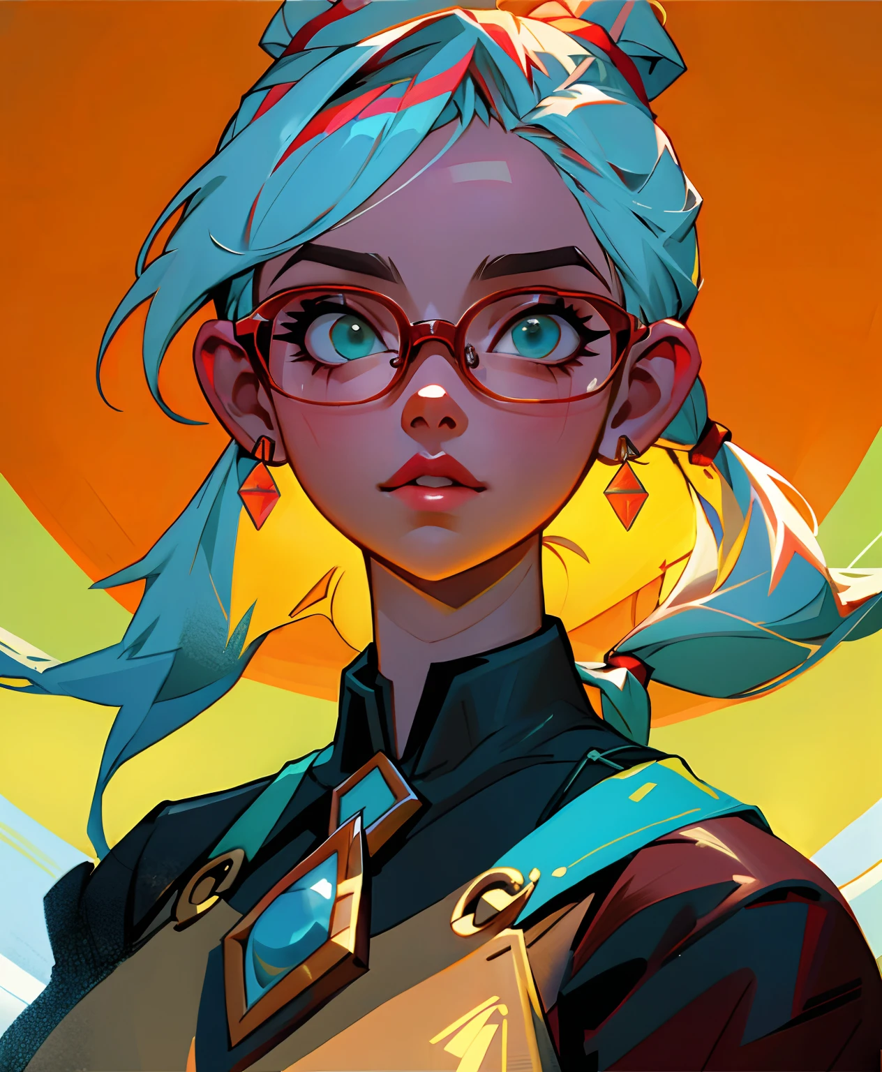 (best quality,Altas,ultra-detalhado),Filtros,Dynamic and Cinematic Lighting,belos olhos detalhados,beautiful detailed lips,beleza estonteante,uma segurando uma pizza,Decote profundo,SFW,de acordo com uma caixa de pizza,Eyeglasses,tampa sem parte superior,penteado pigtail.