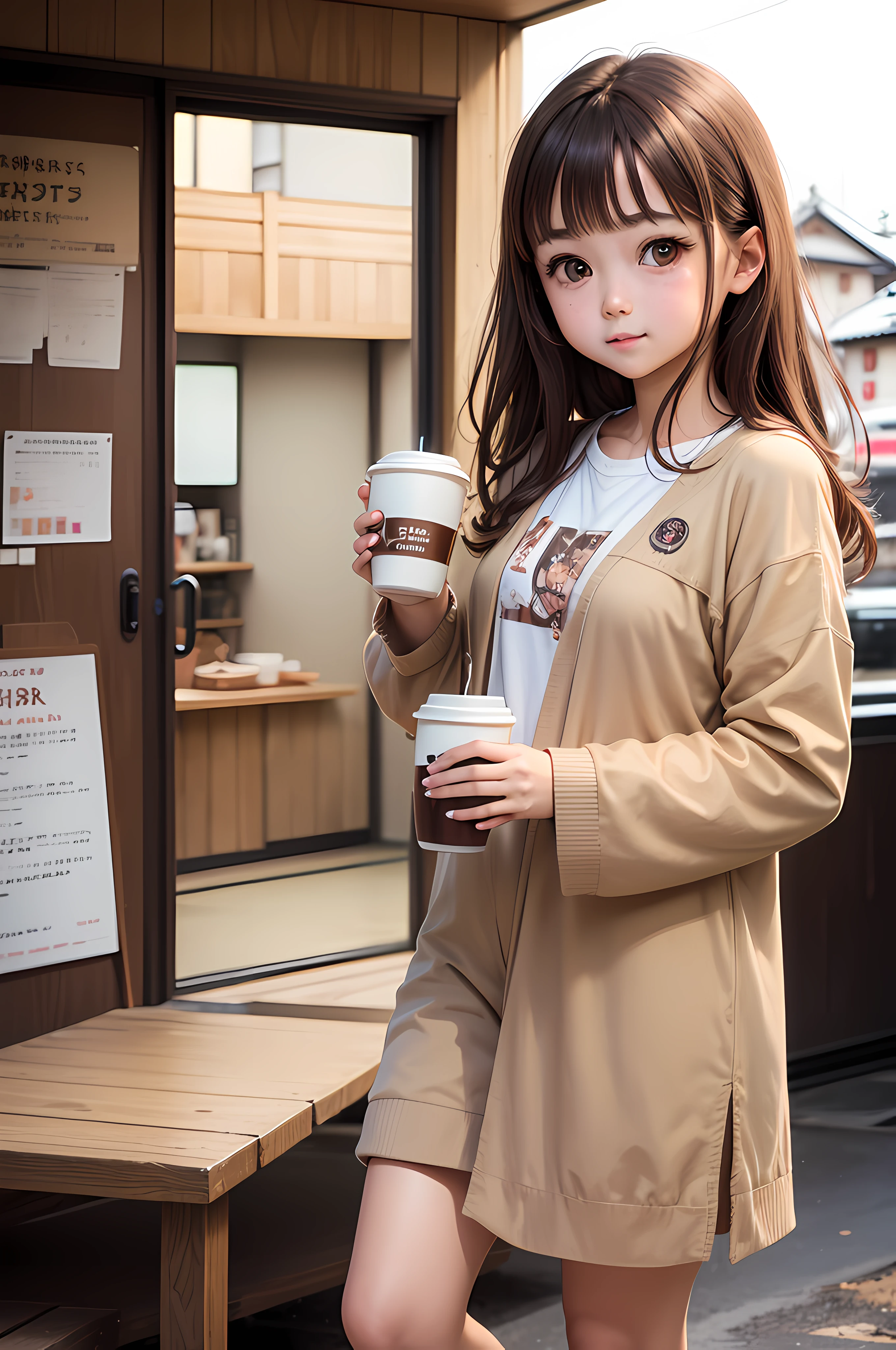 young girl holding coffee cup in hand, cute girl, cute-fine face, cute-fine-face, Sakimi-chan, Chiho, Yoshitomo Nara, young cute face, beautiful Japan girl face, brown hair and big eyes, cute pretty girl, beauty