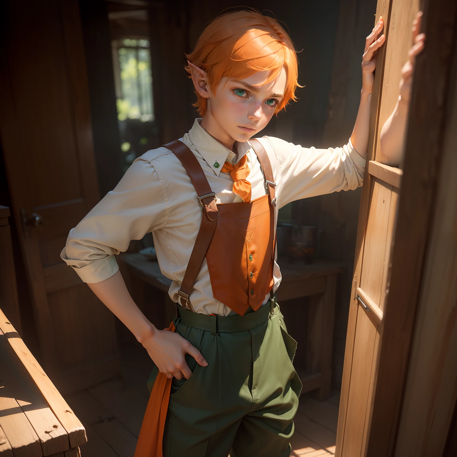 (elven -yeld boresenting, wide torn white shirt, torn green pants, brown leather boots, red-orange suspenders, front-facing with orange-blonde hair), exquisite details, high-resolution, vibrant colors, fantasy art, realistic lighting