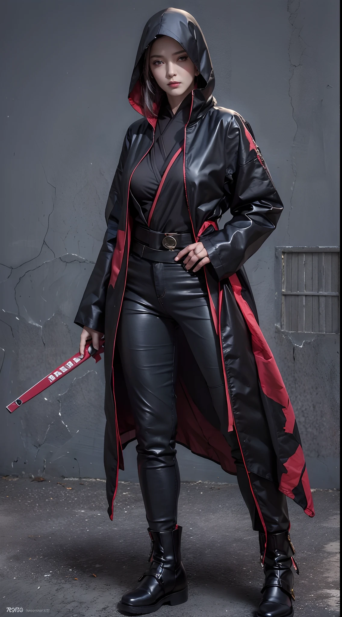 photorealistic, high resolution, 1women, mature female, solo, hips up, AKATSUKI OUTFIT, ninja, black cloak, black coat