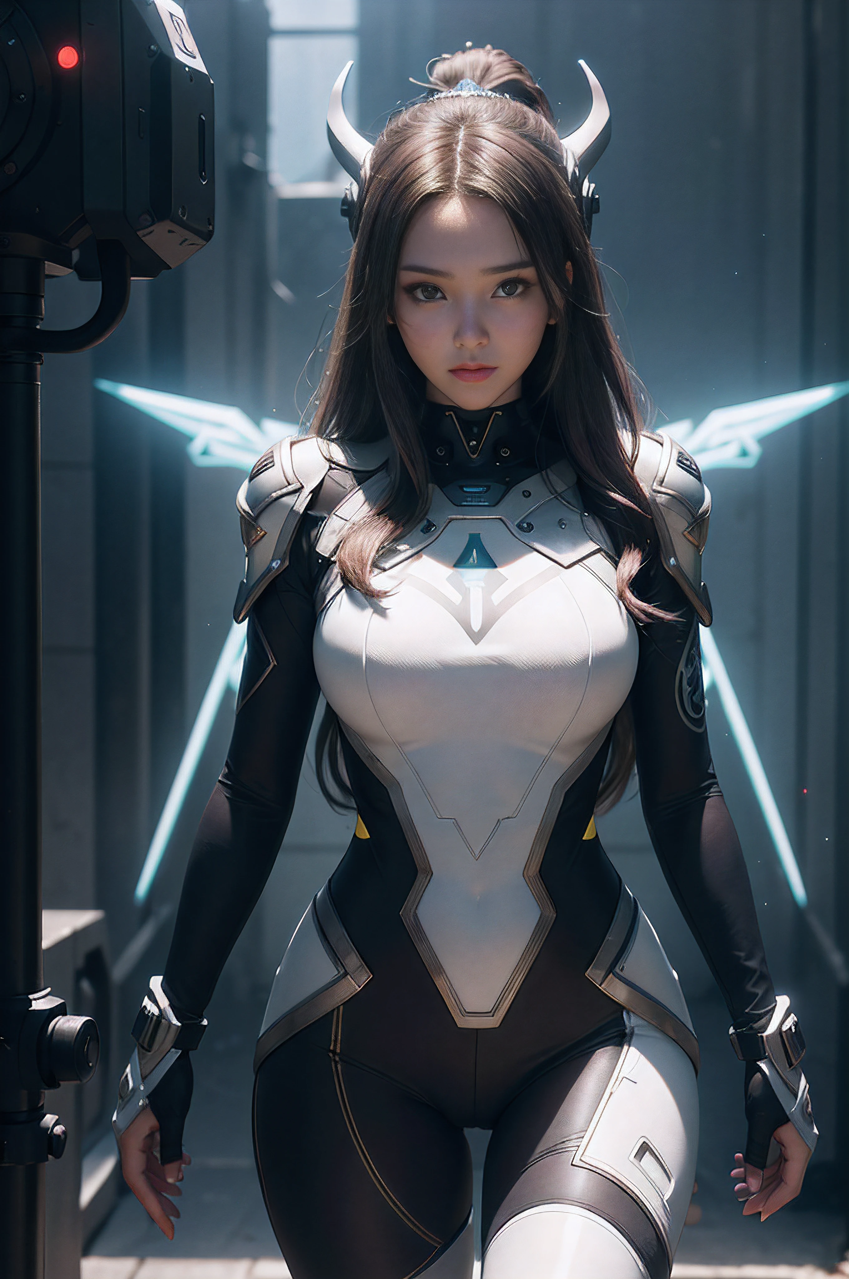 A woman in a futuristic gold suit poses in the park, Cute cyborg girl, Beautiful white girl cyborg, Girl in mecha network armor with bright LED, (Perfect body:1.4), (Perfect proportions:1.4), (Long dark Viking style hair:1.4), Big green eyes, hdr (HighDynamicRange), Ray tracing, NVIDIA RTX, Hyper-Resolution, Unreal 5, Subsurface scattering, PBR Texture, Post-processing, Anisotropic filtering, depth of fields ,Maximum clarity and sharpness, Multi-layered textures, Albedo and specular maps, Surface coloring, Accurate simulation of light-material interaction, rendering by octane, Two-tone lighting, Low ISO, White balance, Rule of thirds, Wide aperture, 8K raw data, High-Efficiency Sub-Pixel, sub-pixel convolution, (Luminous Particle:1.4), {{Masterpiece, Best quality, Extremely detailed CG, Unity 8k wallpaper, 。.。.。.。.3D, Cinematic lighting, Lens flare}}, (tightsuit:1.2), Cyberpunk 2077,Full body contour shot,Bigboobs,exposed bare shoulders,big assa,bared chest,Raised sexy,Enchanting