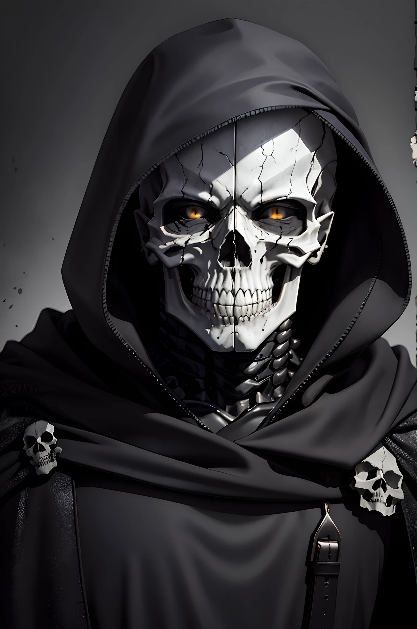 monochrome, grayscale, solo, 1boy, male focus, simple background, a black hood, black background, upper body, looking at the viewer, (mask), facing the viewer, (((skull))), yellow eyes, ((black sclera)), black cloak, heavy armor, crumpled skin, skin fragmentation, fragmented skin, crumpled skin, cracked skin, skin torn into pieces, ceramic style,