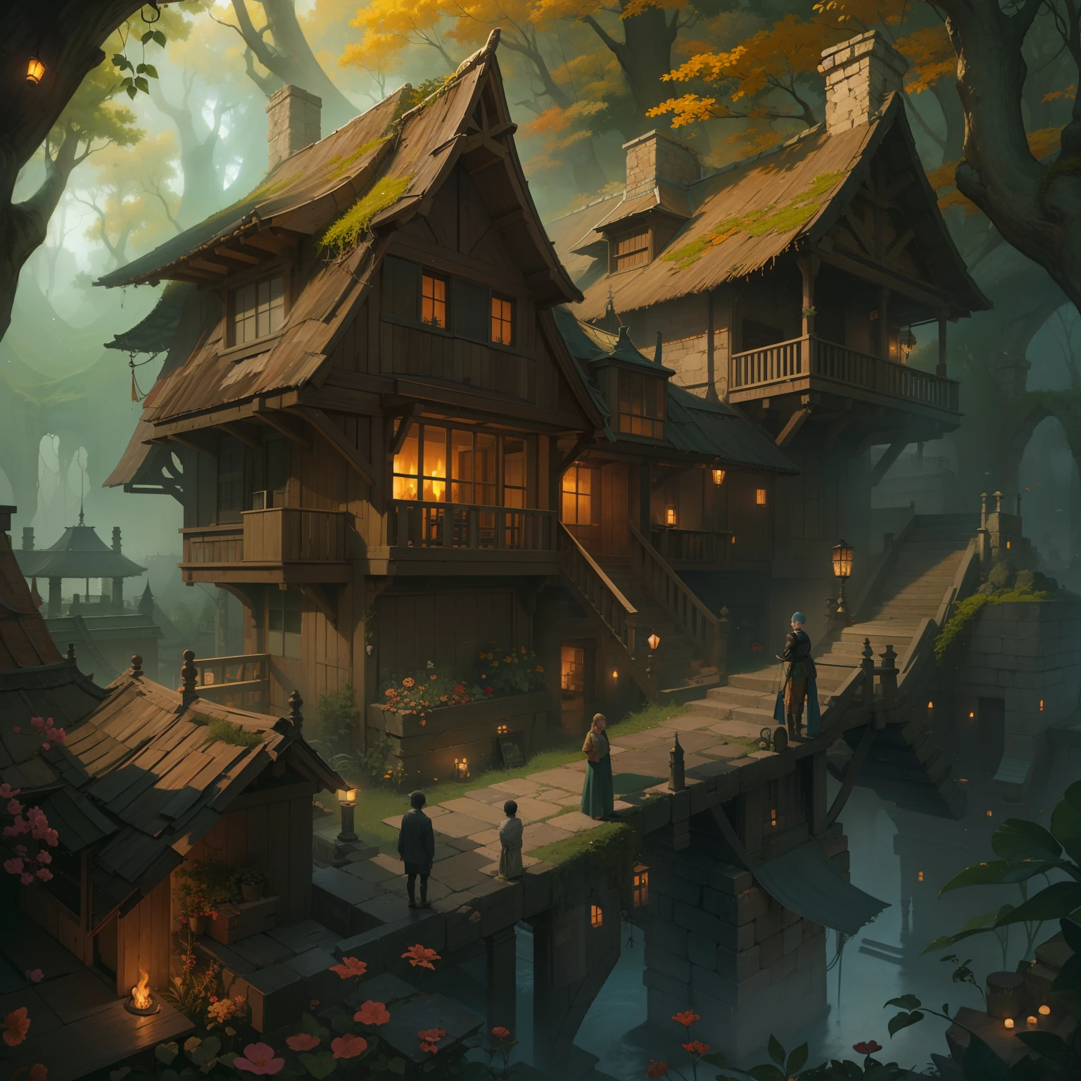 Un hogar humano medieval, recargado, Beautiful, ambiance, Ambiente, niebla, humo, chimenea, lluvia, Pozo, Wet, pristine, Charcos, cascada, Flujo claro, puente, naranja, verde, VITRAL, bosque, flores, Concept art illustration, Color page, 4 mil, Mapeo de tonos, dollface, Akihiko Yoshida, James Jean, andrei riabovitchev, Marc Simonetti, Yoshitaka Amano, Digital illustration, Greg Rutowski, volumetric illumination, rayos, particuls, Rembrandt