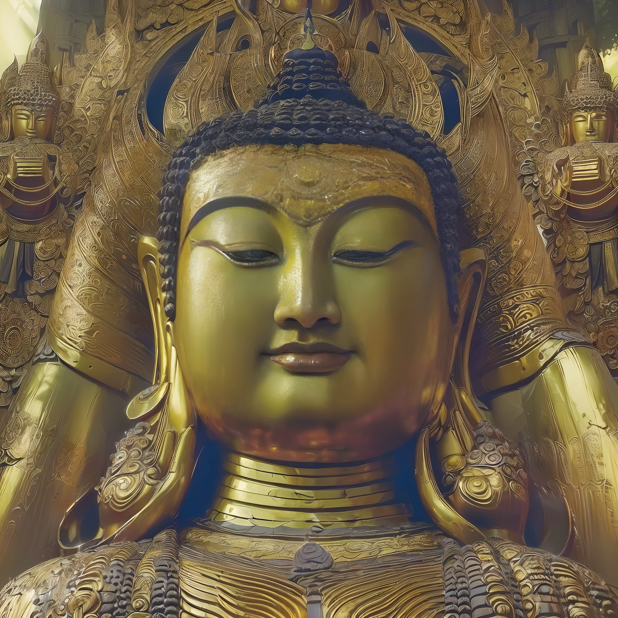 Behind the temple,(There is a huge tall Buddha statue:1.5),(Gestures of meditation:1.8),(Masterpiece Buddha statue),(The Buddha statue shines with golden light:1.4),(Buddha worshippers bow reverently to the Buddha statue:1.6),(Depicting the form of a Buddha worshipper:1.2),tmasterpiece,Highest quality,high detal,3Drenderingof