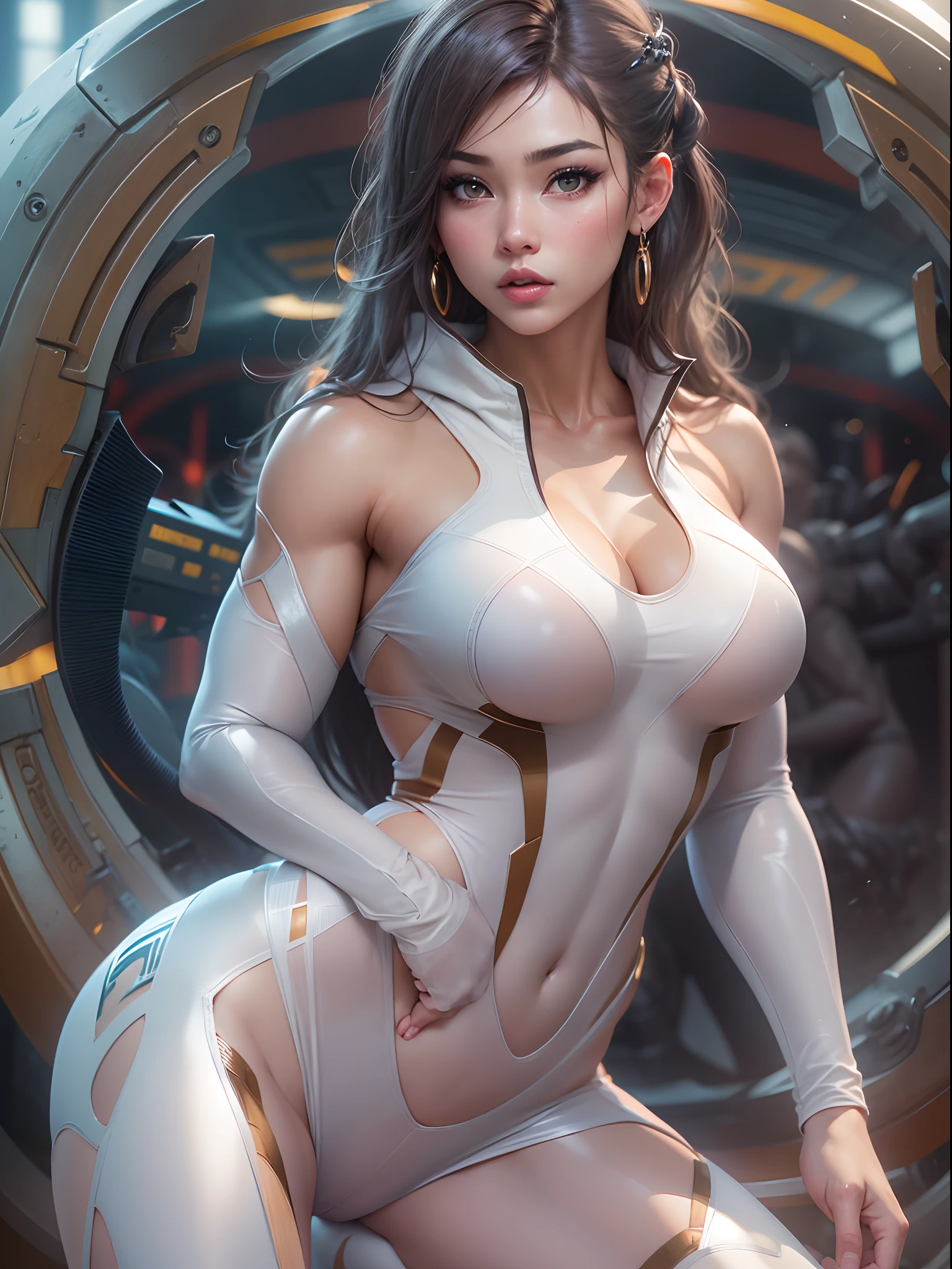 1 girl in、realistic、Beautiful photorealistic prestige KDA All-Out League of Legends Ahli、red blush、White sheer leotard、Muscular beauty、A well-trained body、crouching、large cleavage、breasts indentation、Sculpted muscles、fullnude、gravure、Lewd、huge tit、ighly detailed、8k、hight resolution、独奏、big juicy lips、thick muscular thighs、make - up、 big shiny breasts、perspiring、looking at the viewers、Photorealsitic、cinema4d、octan render、Innovative、A sexy、Curvaceous but slender、Oily skin、Crystal clear beautiful skin、sitting on、Using advanced machine learning、Perfect muscular body sitting squatting、Exposed camel toe、Photo styles for secondary magazines、Trends on pixiv、civic trend、perfect-composition、 SFW, Professional quality, Unreal Engine Information