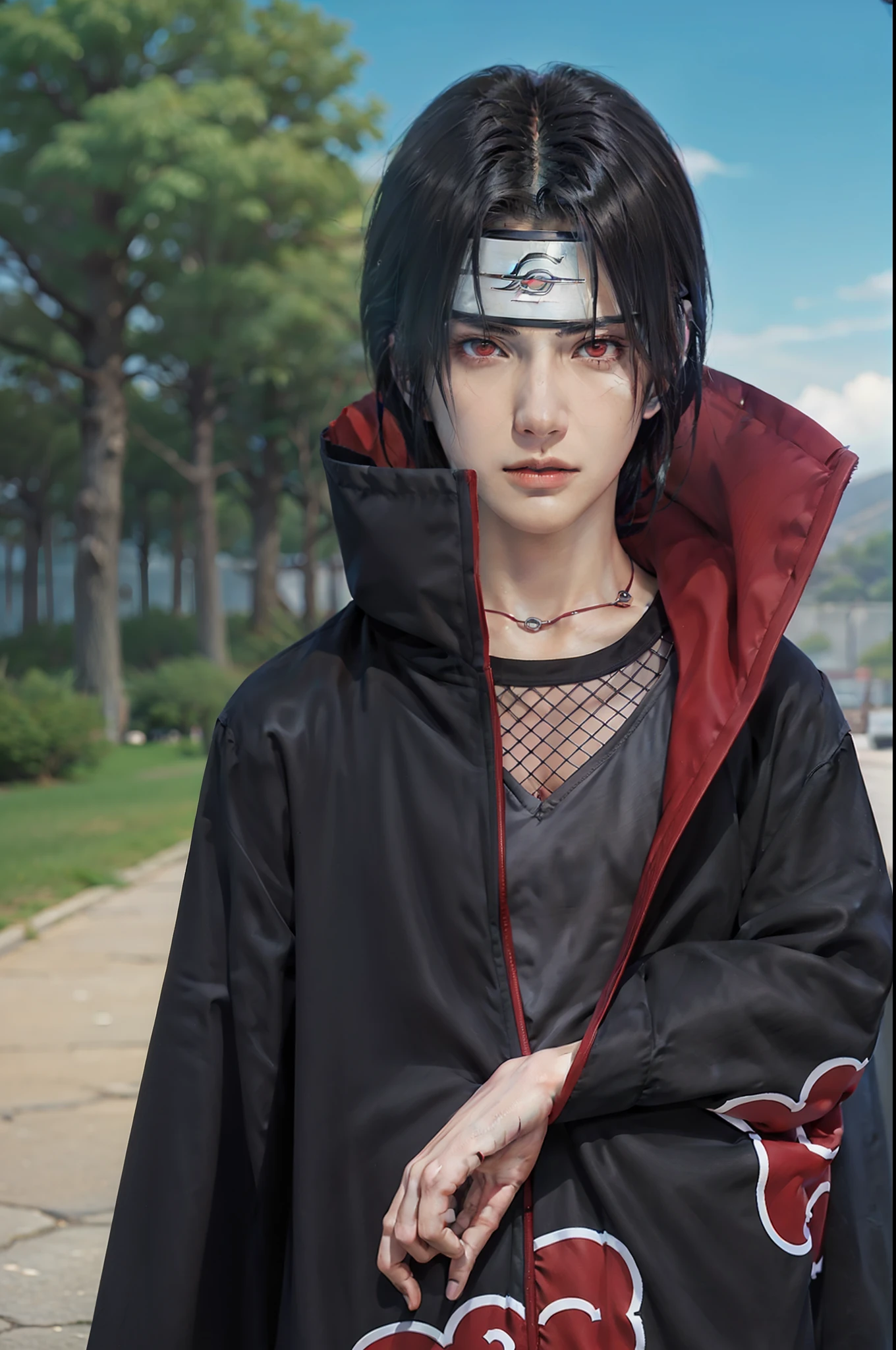 1man, uchiha itachi in anime naruto, long hair , black hair, red eyes, handsome, grey clothes, realistic clothes, detail clothes, outdoor background, ultra detail, realistic