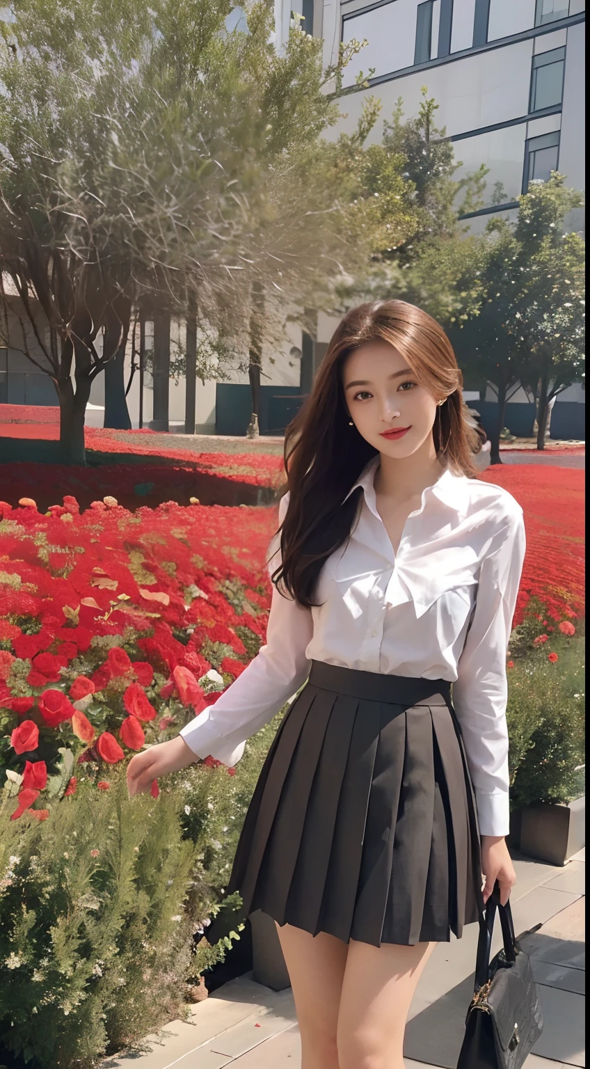 ((Best picture quality, 8K, tmasterpiece: 1.3)), self-shot,（full bodyesbian：1.5），A cute beauty with a perfect figure: 1.4, Slim， ((A brown-haired)) , (Pleated skirt shirt，School Uniform，Highly detailed face，having fun，standing on your feet：1.2），（（Sea of roses）），Highly detailed facial and skin texture，wide wide shot，Ray traching，Colorful garden，detail-rich，Sea of roses，Partition exposure