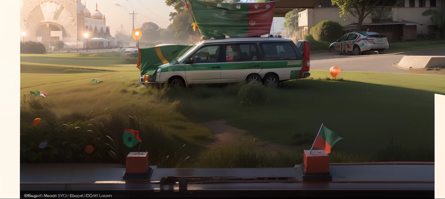 With the Bangladesh flag and site on top of the car
