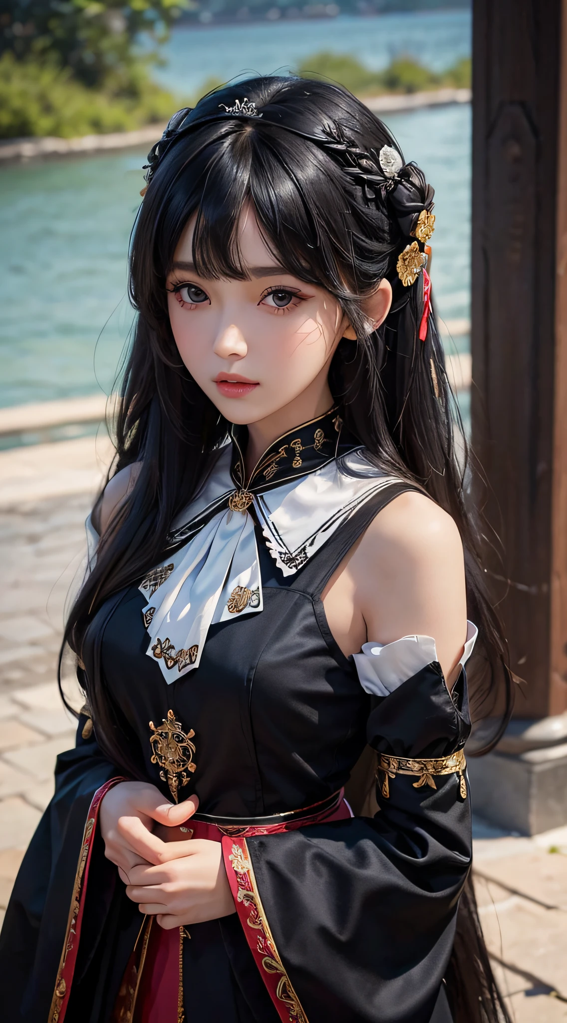 best quality, (photorealistic:1.2), 1girl, solo, detailed face, face focus, standing, black hair,(hair ornament:1.35),office lady, ribbon-trimmed sleeves, detached sleeves, ribbon trim, wide sleeves, (looking at viewer:1.5) long hair, black eyes, bangs, lips,