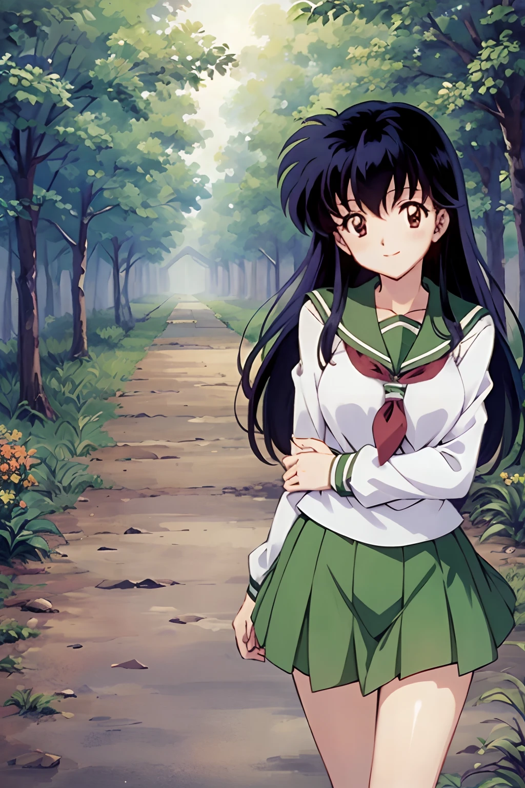 Kagome higurashiv, 1girl uniform school, The view of the nature of the Green forest, green short skirt, green pantyhose, smile, thighs