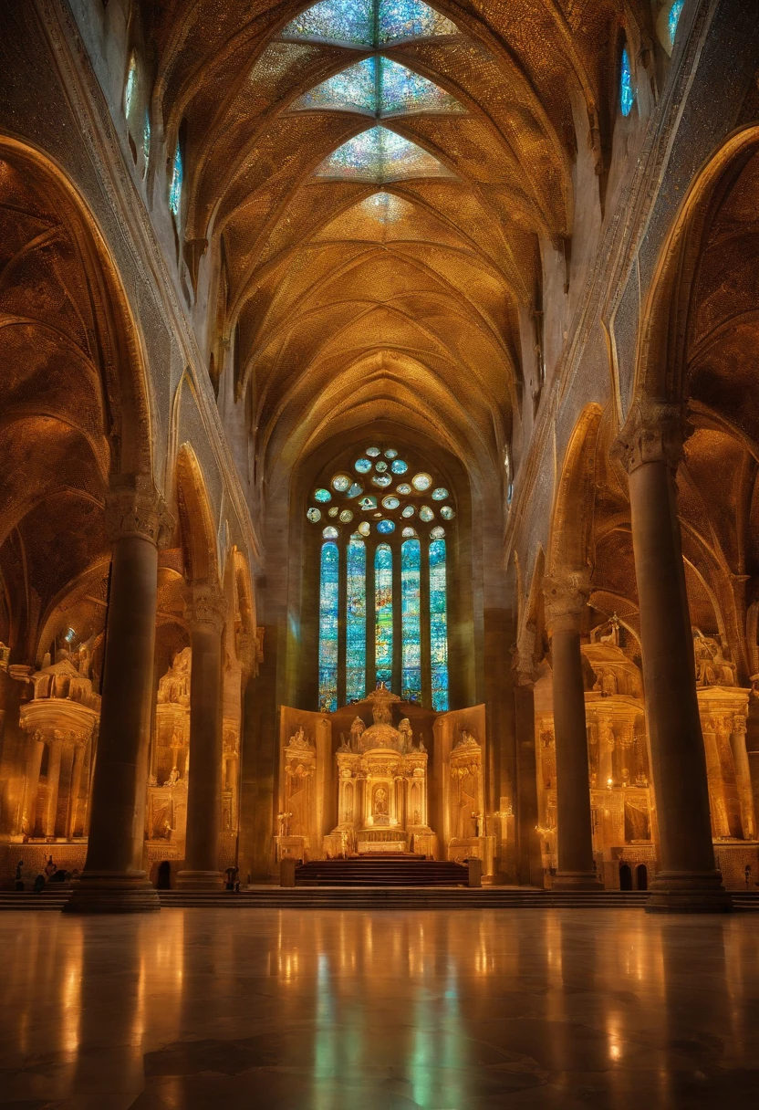 Uma cena sagrada. The surroundings are full of dazzling light，in a large marble hall, raios solares saem das nuvens, There is a person with Jesus on the side。Following this description creates a unique and impressive cover screen for me。