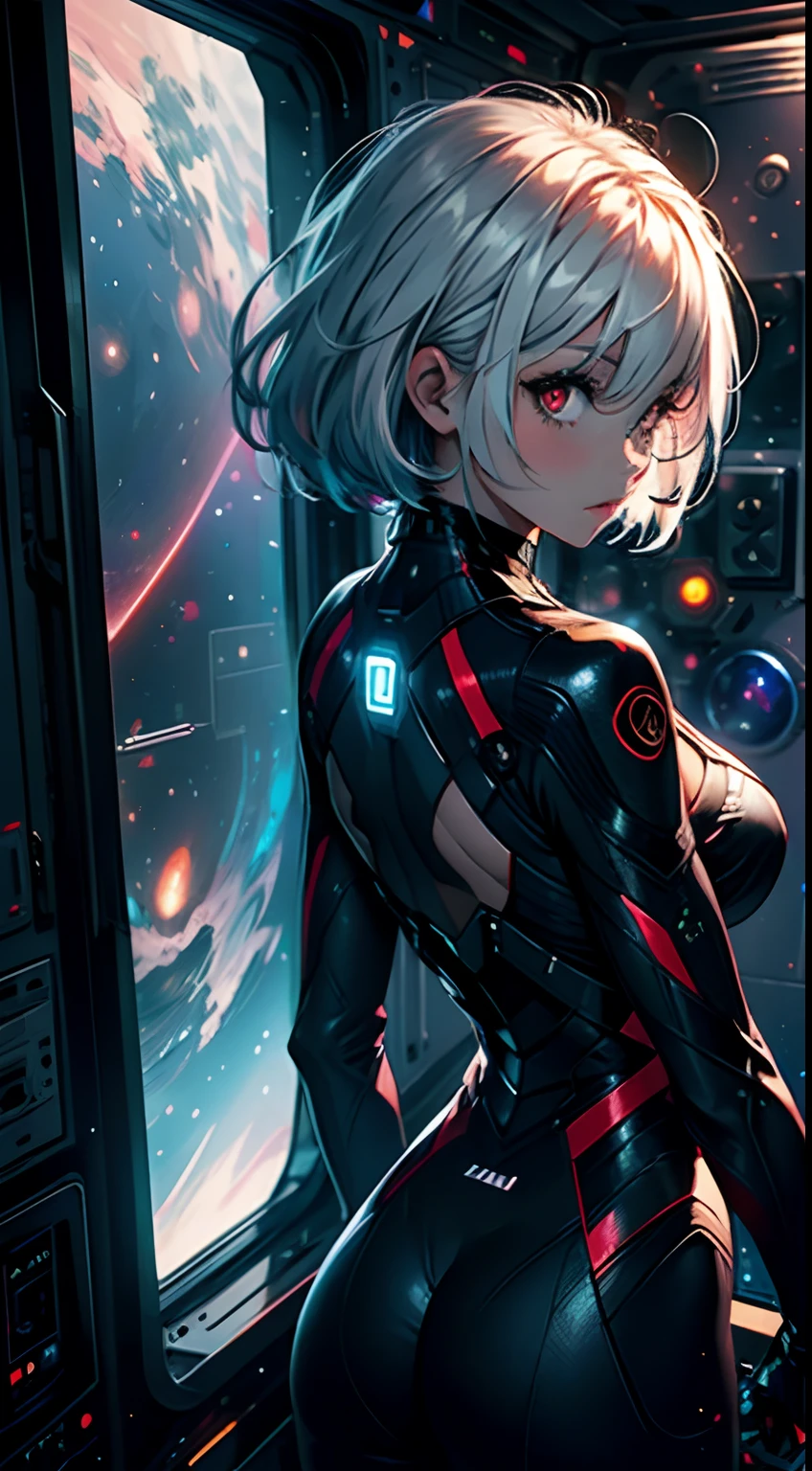 Masterpiece, a girl in a space station, on space, window, gorgeous, wallpaper, cosmic, cosmos, constelations, jupyter, futuristic, cyber, tech, technological, space suit, cut girl, cute, expressive eyes, perfect face, looking back, cinematic, artistic, creative, colossal,dark, glow, magical. red eyes, glowing eyes, BREAK white hair