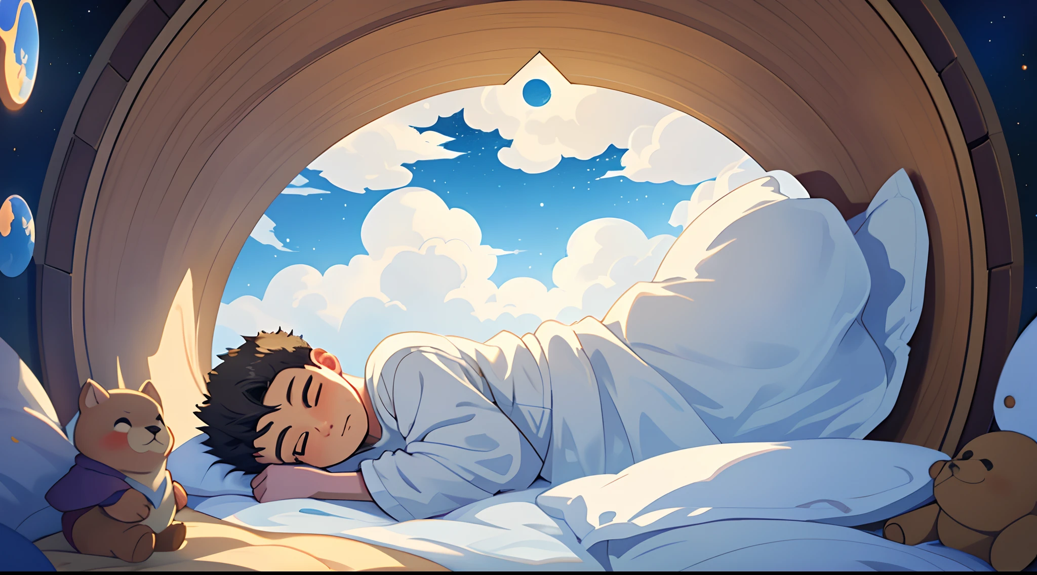 cartoon-style artistic image depicting a young boy in a deep and peaceful slumber within his cozy room. He sleeps with his eyes closed and lies down beneath a whimsical cloud portal, which is the centerpiece of the scene. Inside the cloud portal, vividly illustrate a friendly and imaginative space scene