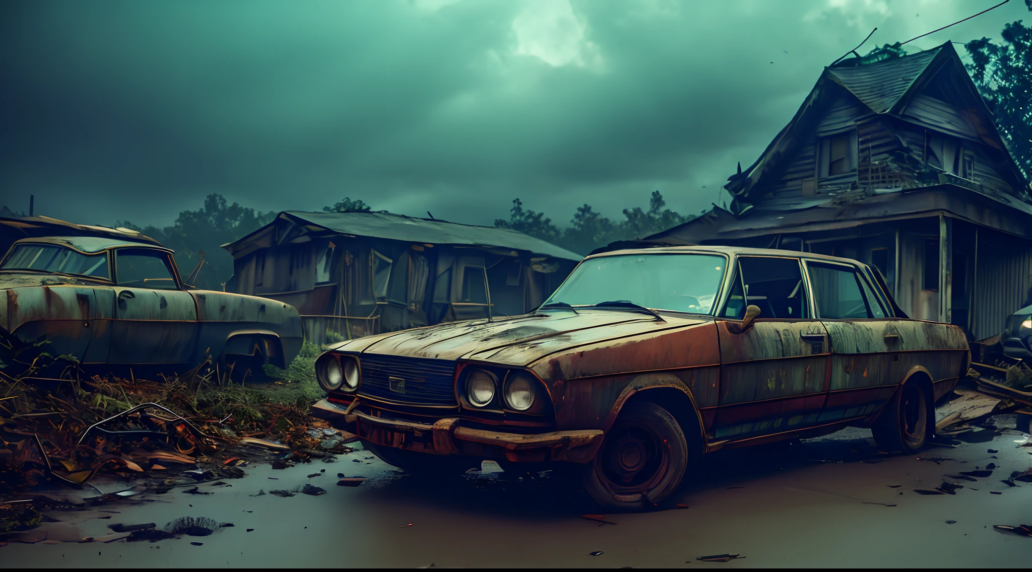 a rusty blue car in the foreground, a ruined wooden house of horror in the background, rusted car parts scattered on the ground, a chain, a gun, a dark and oppressive atmosphere, and a dramatic ambient light. spot warm light on car , dark plants dark plants surrounding car, vain, apocalyptic color palette, ultra detailed, high definition, shallow depth of field, bokeh, rubble, wild vegetation, by pascal blanche, neil blevins, thomas kinkade