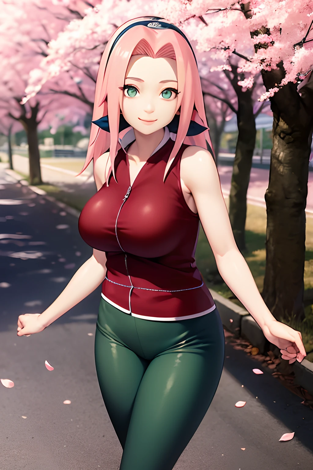 tmasterpiece, Best quality at best, 1girll, Sakura Haruno, Large breasts, smile,with pink hair, long whitr hair, (Green eyeballs:1.4), Forehead protection, the cherry trees,Cherry blossoms flying,Red clothes,tight half pants, wallpaper, thighs