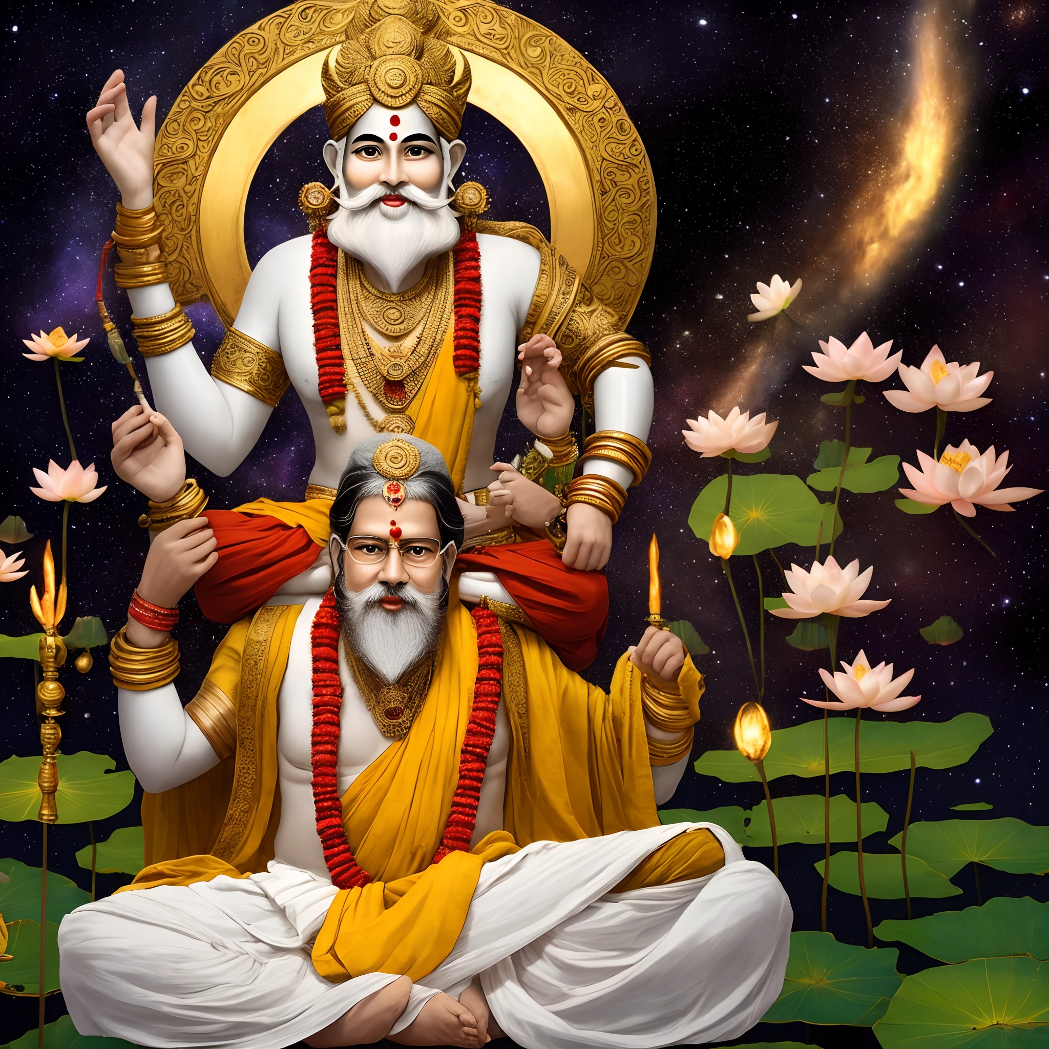 A hindu god sitting on lotus, having four heads and four hands, light in backside, oldman with long white beard and long hairs, hindu diety, near the galaxy, realistic man, wearing golden jewellery, yellow dhoti