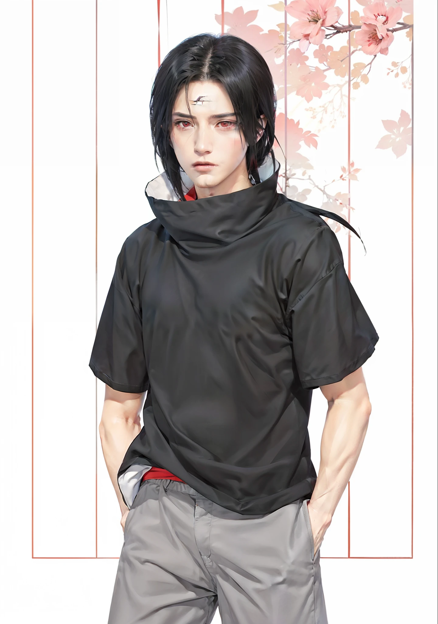 1man, uchiha itachi in anime naruto, long hair , black hair, red eyes, handsome, grey clothes, realistic clothes, detail clothes, outdoor background, ultra detail, realistic