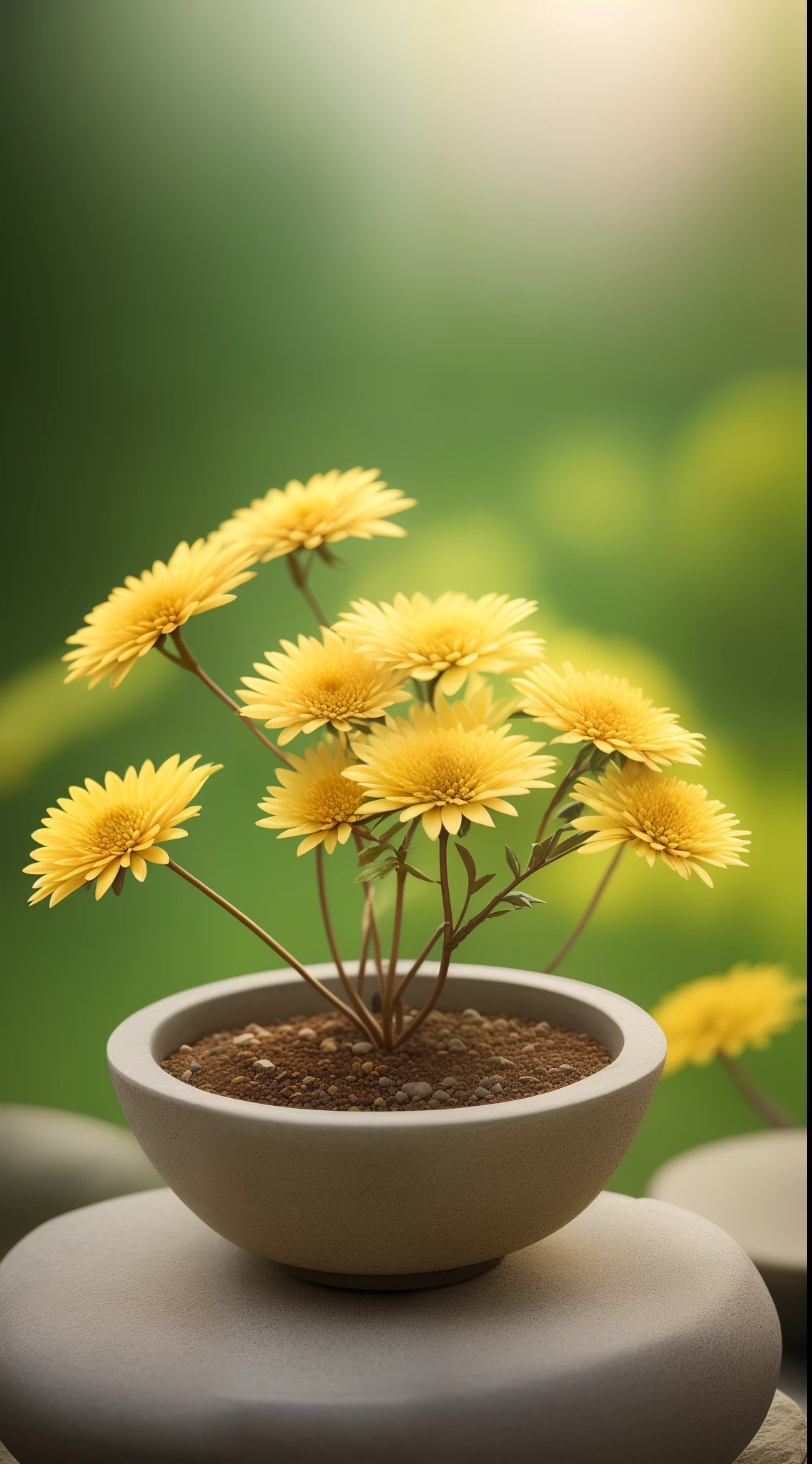 A plant, potted, still-life, chrysanthemums, Rock garden, Bonsai will, haze, Exquisite details, super exquisite details, complexdetails, Cinematic style, hyper realism soft light, Evening sun illumination, diffused soft light, shallowdepthoffield, Sharp focus bokeh, Ray traching, sub surface scattering, the ultra-detailed(复杂、meticuloso、Super refined)the detail, ultra-realistic realism.