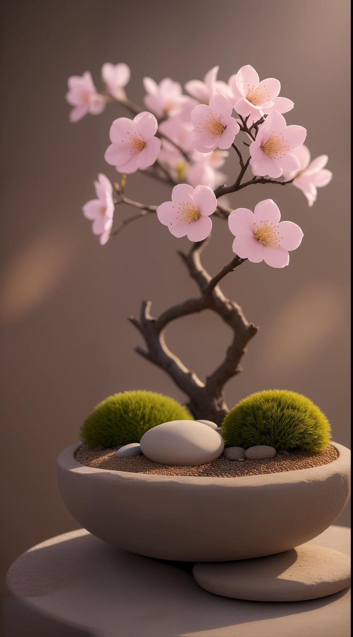 A plant, potted, still-life, Winters, Plum blossoms, Rock garden, Bonsai will, haze, Exquisite details, super exquisite details, complexdetails, Cinematic style, hyper realism soft light, Evening sun illumination, diffused soft light, shallowdepthoffield, Sharp focus bokeh, Ray traching, sub surface scattering, the ultra-detailed(复杂、meticuloso、Super refined)the detail, ultra-realistic realism.