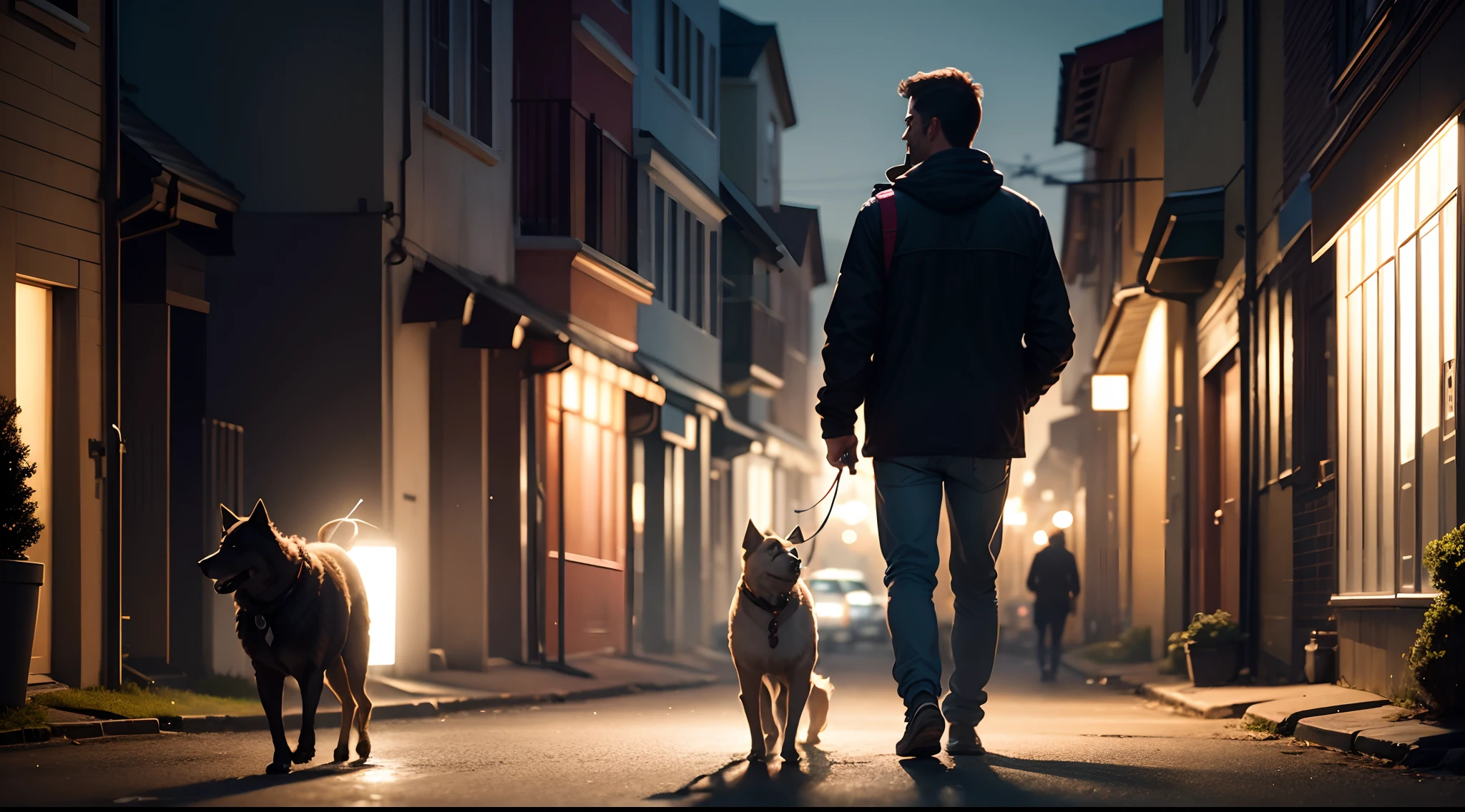 Man walking a dog with a flashlight in his hand