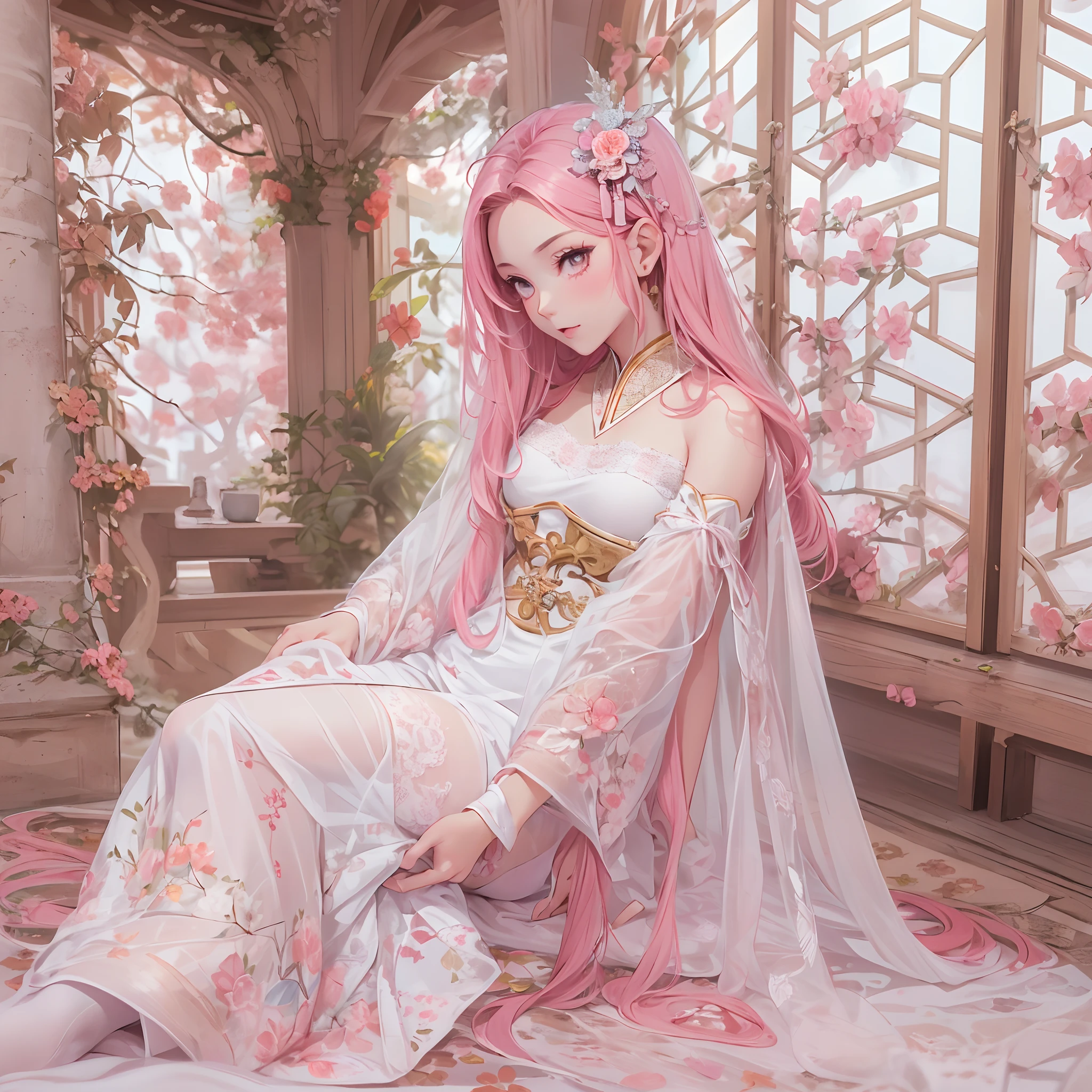 (tmasterpiece, top-quality, Ultra-detailed:1.3),1girll,(18 years old),(perfect anatomia)，Cool outfit，Hanfu，A pink-haired，White background，ogle，photography of，Look to the lens，Bandeau，lacepantyhose，perfectly proportions