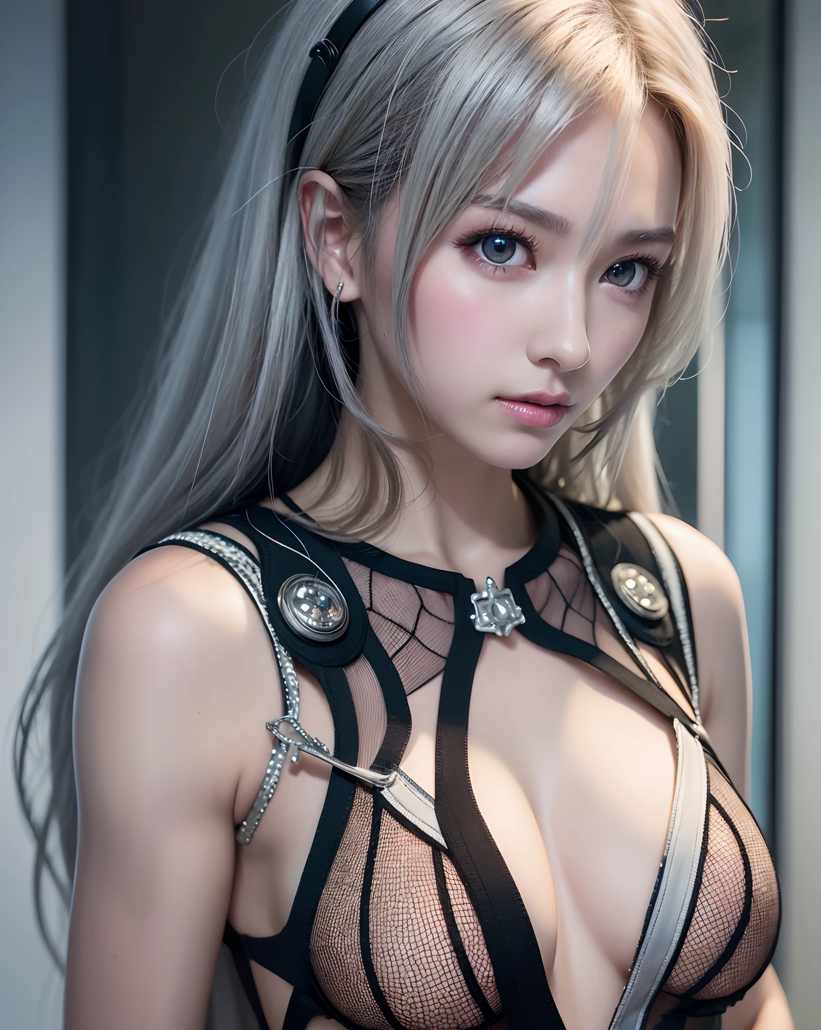 top-quality、8K Masterpiece、超A high resolution、(Photorealsitic:1.3)、Raw photo、1人、silver white hair、glowy skin、1 Cyberpunk Super Beautiful Soldier、((super realistic details))、portlate、globalillumination、Shadow、octan render、8K、ultrasharp、beauty breast、Raw skin is exposed in cleavage、metals、cold color、、highly intricate detail、Realistic light、CGSoation Trends、Beautiful eyes、radiant eyes、Facing the camera、neon details、