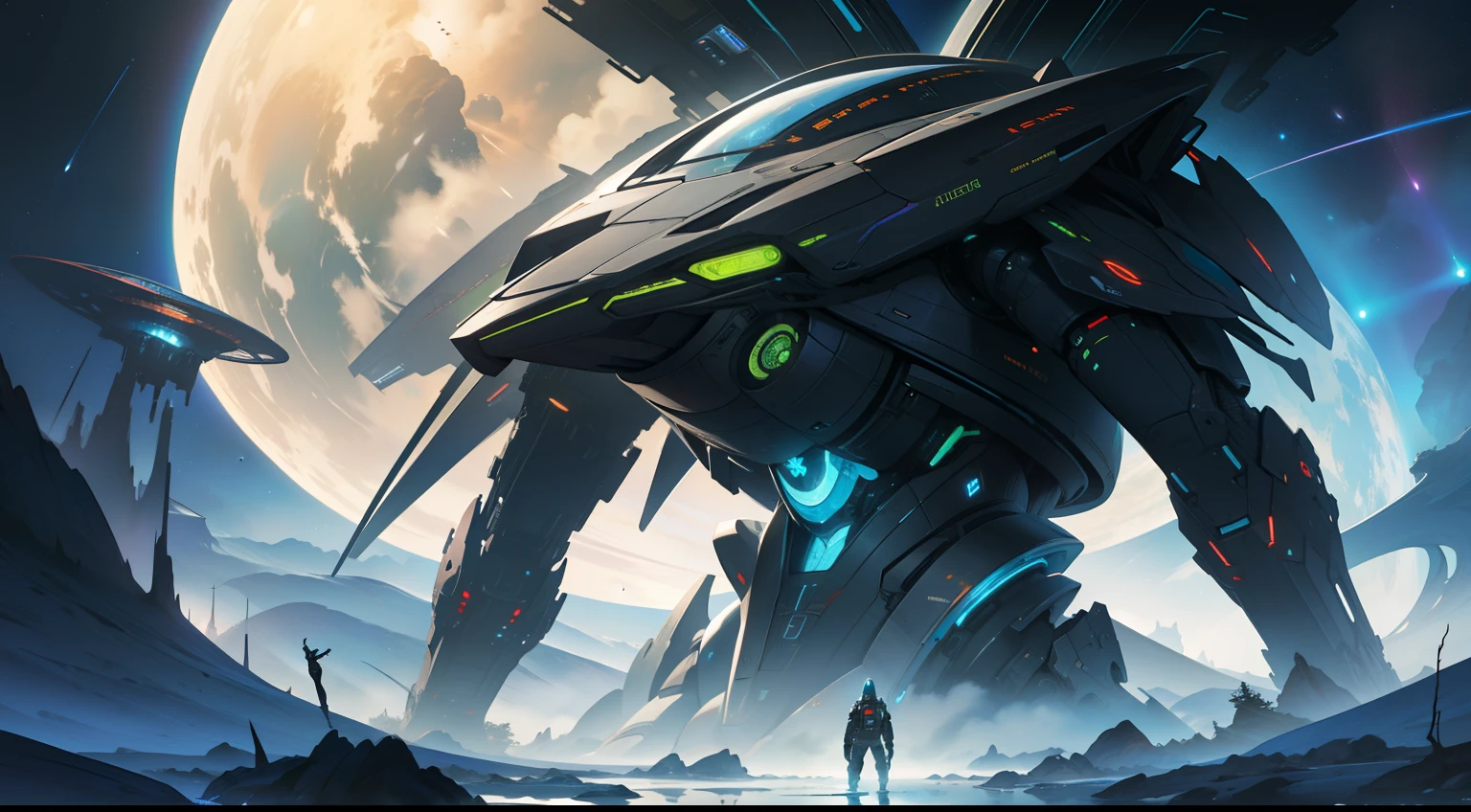 "Imagine a futuristic and breathtaking sci-fi spacescape that defies imagination. Imagine a cosmos where advanced technology and fantastical elements converge seamlessly.. Create a scene that features towering alien megastructures, Flora y fauna bioluminiscentes flotando en gravedad cero, and sleek spaceships navigating through intricate wormholes. The atmosphere should be surreal and futuristic, Awaken the sense of exploration and wonder that defines the best of science fiction."