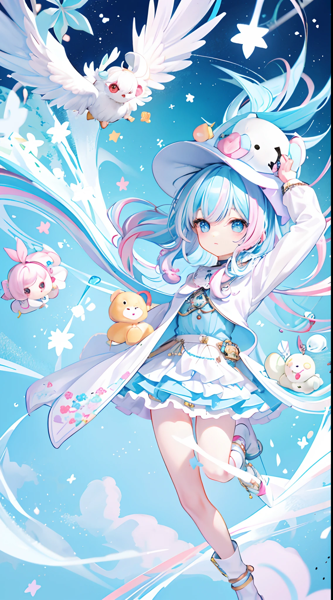 ((a sticker:1.5))), ((chibi character)), (white backgrounid), fluffly, Girl vs, Wizard costume, full body Esbian, pastel-colored hair, Pastel colors hair, fairytale-like, T-shirt design, tmasterpiece, best qualtiy,Shining eyes、Cute Baby Turtle!!tchibi!!!,