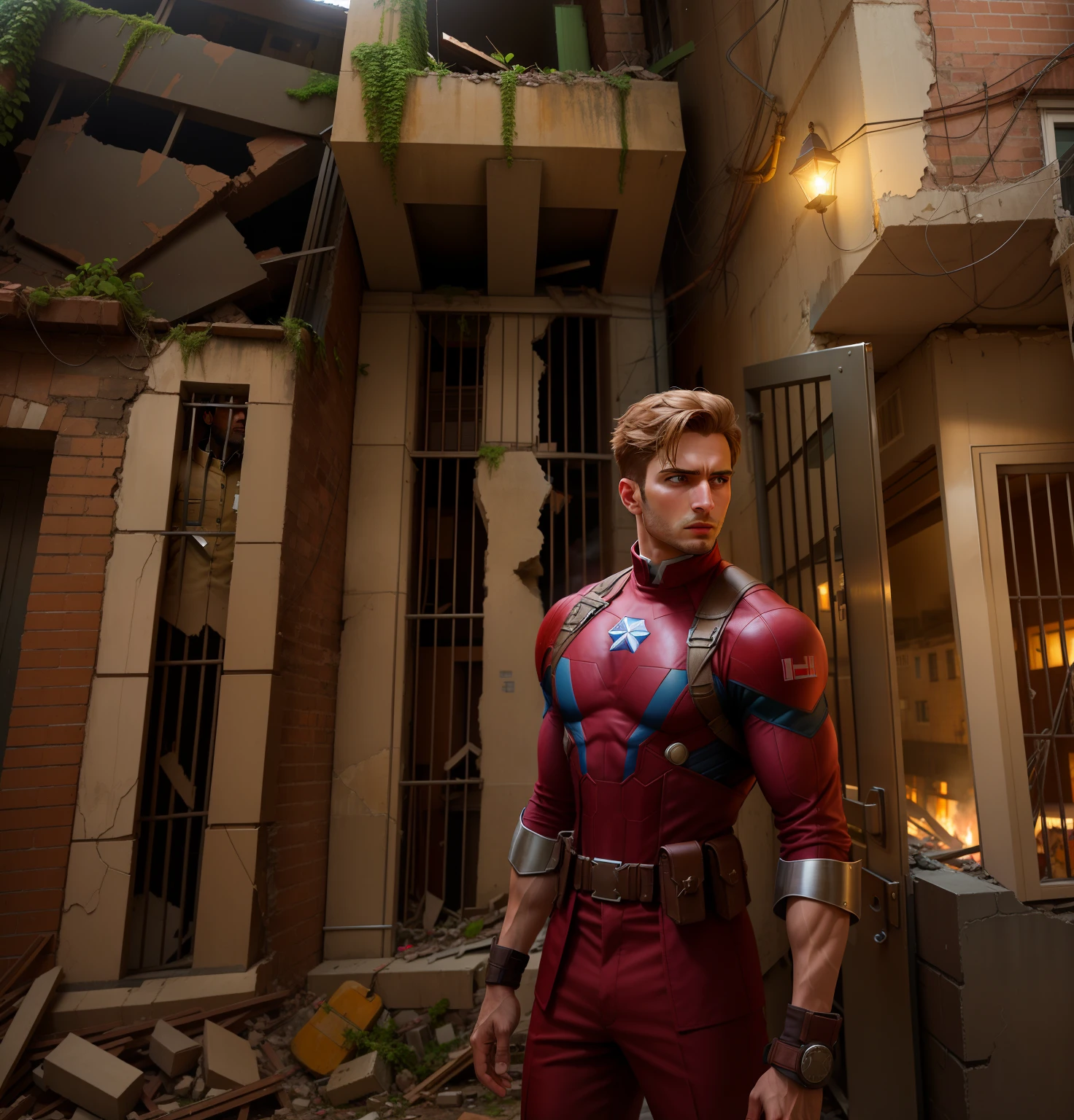 there is a man standing in front of a destroyed building in captain America suit with his shield and thors hammer, inspired by Captain America , assamese aesthetic, wearing the suit of Captain America, in city street, standing in an alleyway, in front of a a collapsed city, candid picture, wearing a suit of Captain America, with a terrored face, handsome man, with a happy horrified looks, America