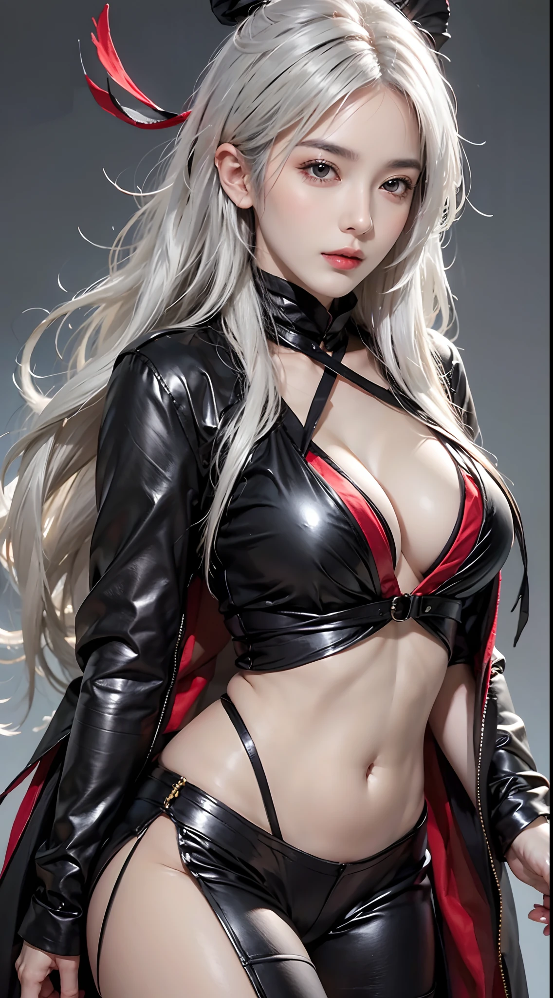 photorealistic, high resolution, 1women, mature female, solo, hips up, AKATSUKI OUTFIT, ninja, black cloak, black coat, white hair