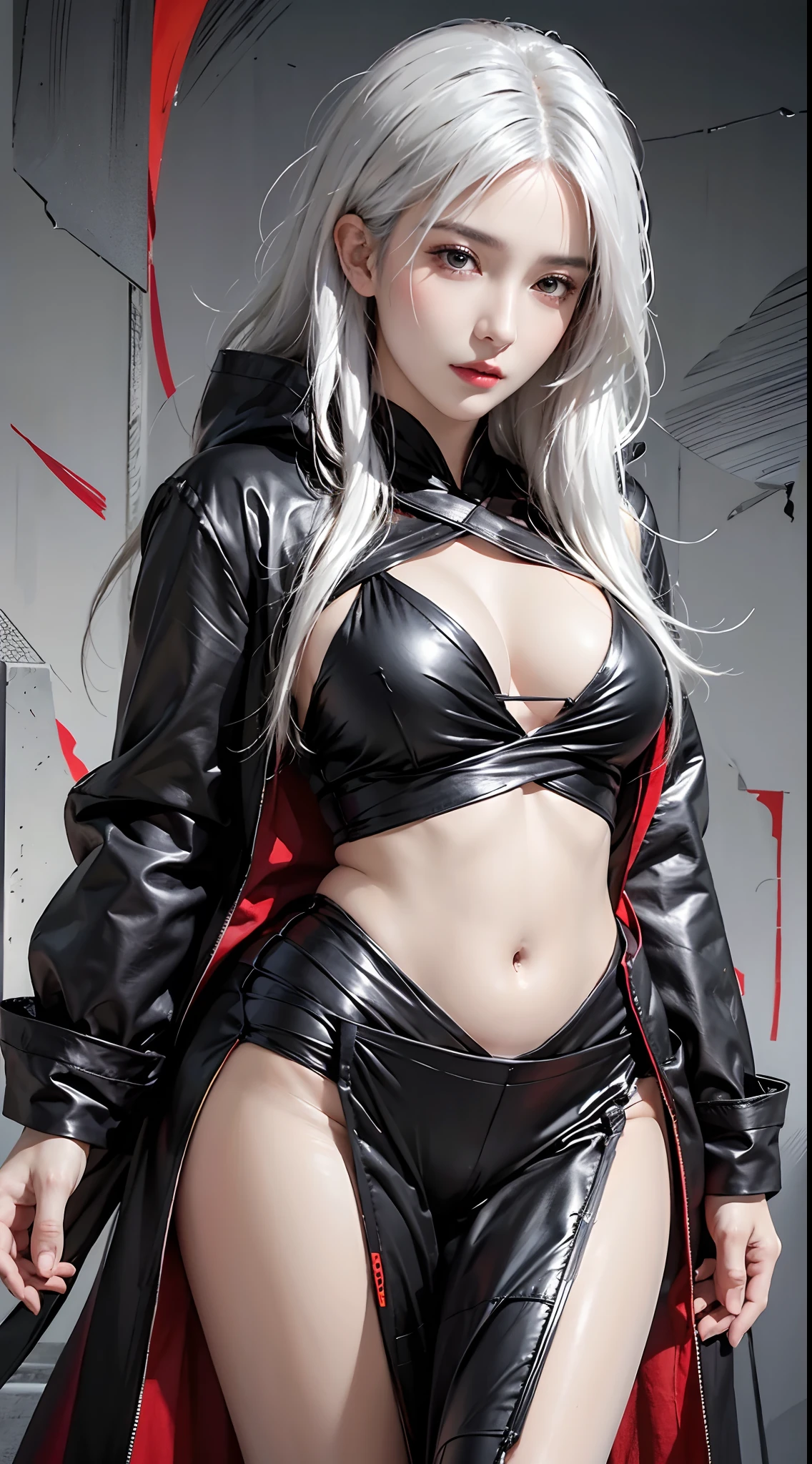 photorealistic, high resolution, 1women, mature female, solo, hips up, AKATSUKI OUTFIT, ninja, black cloak, black coat, white hair