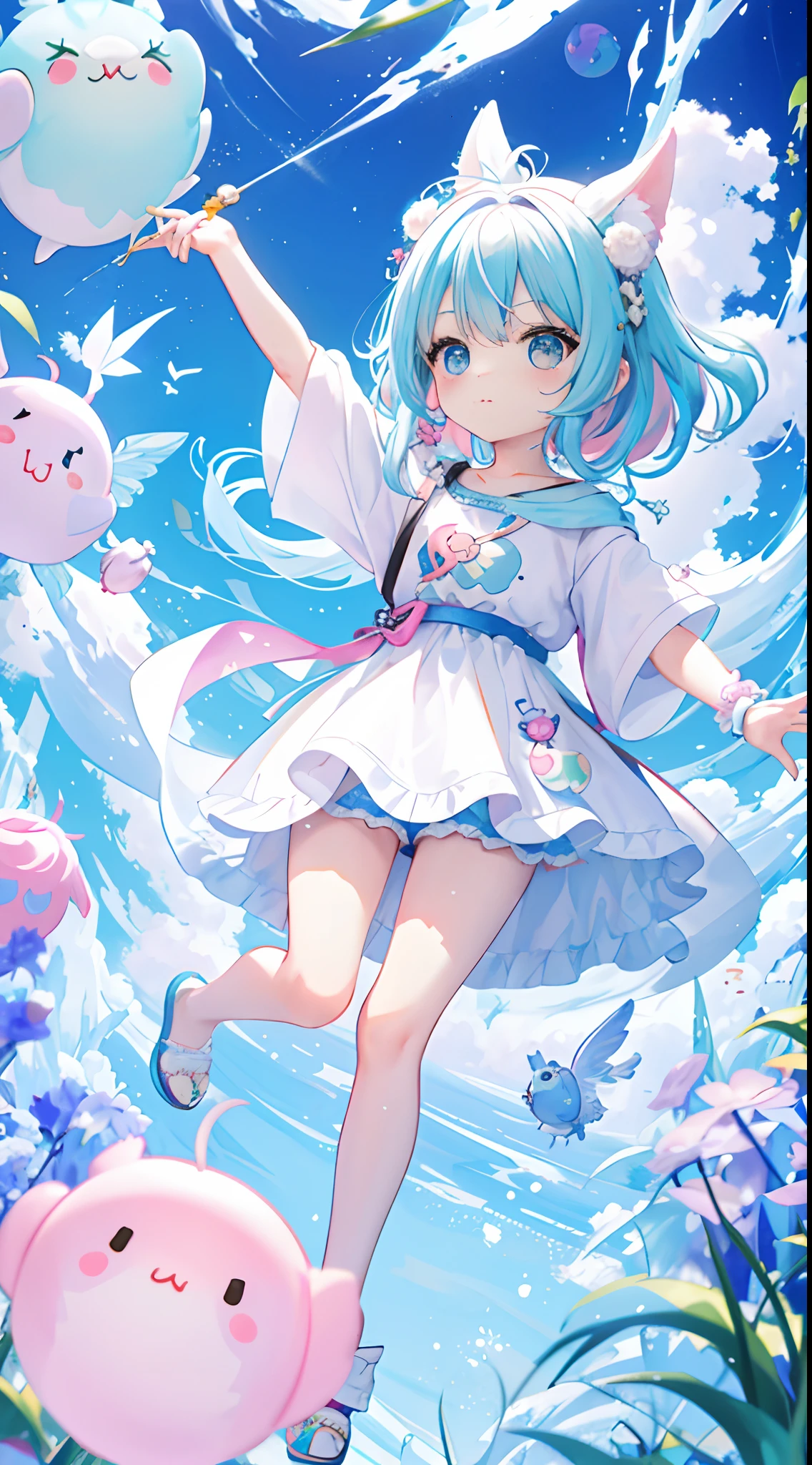 ((a sticker:1.5))), ((chibi character)), (white backgrounid), fluffly, Girl vs, Wizard costume, full body Esbian, pastel-colored hair, Pastel colors hair, fairytale-like, T-shirt design, tmasterpiece, best qualtiy,Shining eyes、Cute Baby Turtle!!tchibi!!!,
