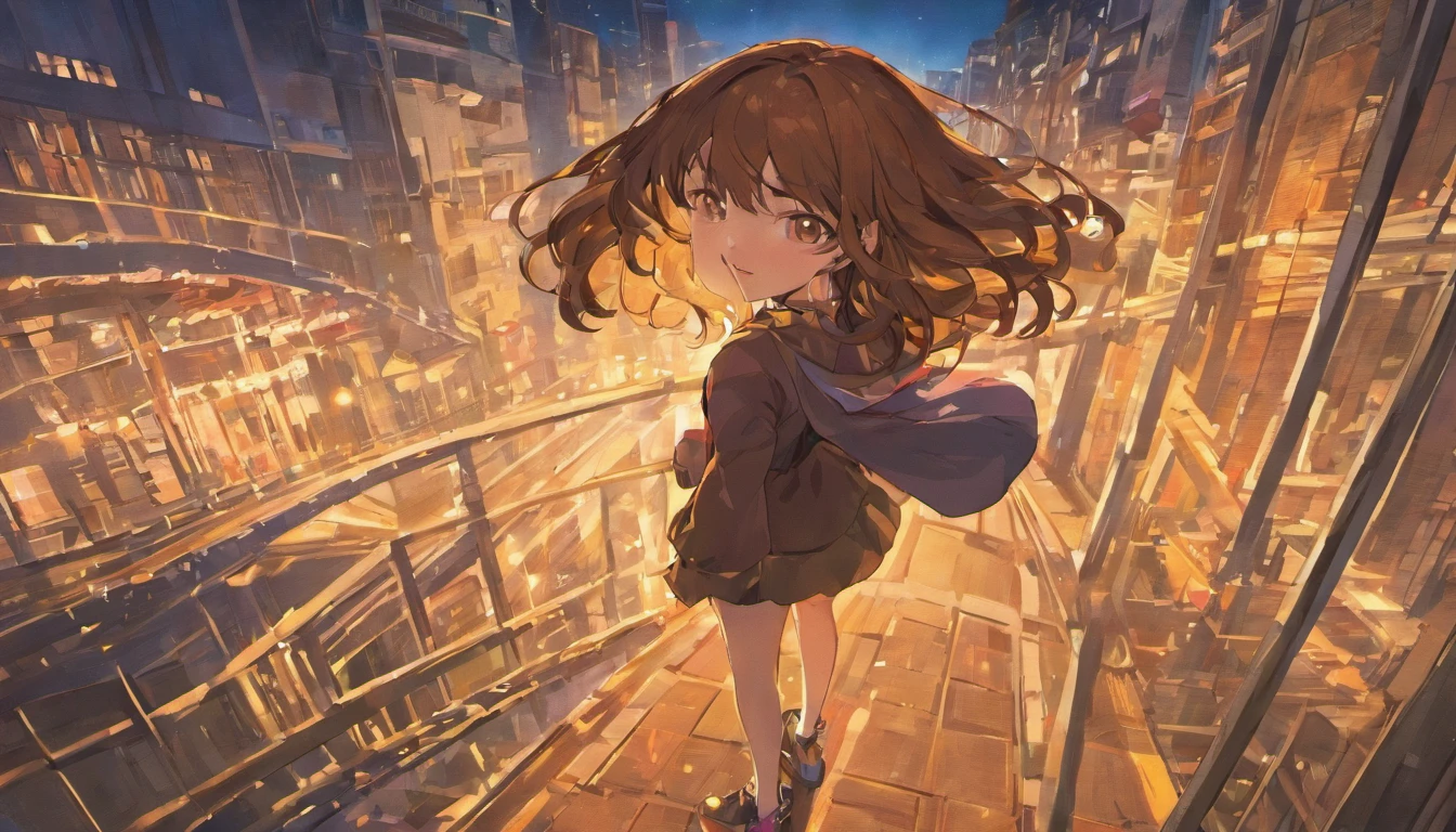 woman, skinny, adidas shoes, blouse, long brown hair, voluminous and slightly wavy hair, light eyes, looking from the bottom up at the viewer, city at night, background people, fullbody view