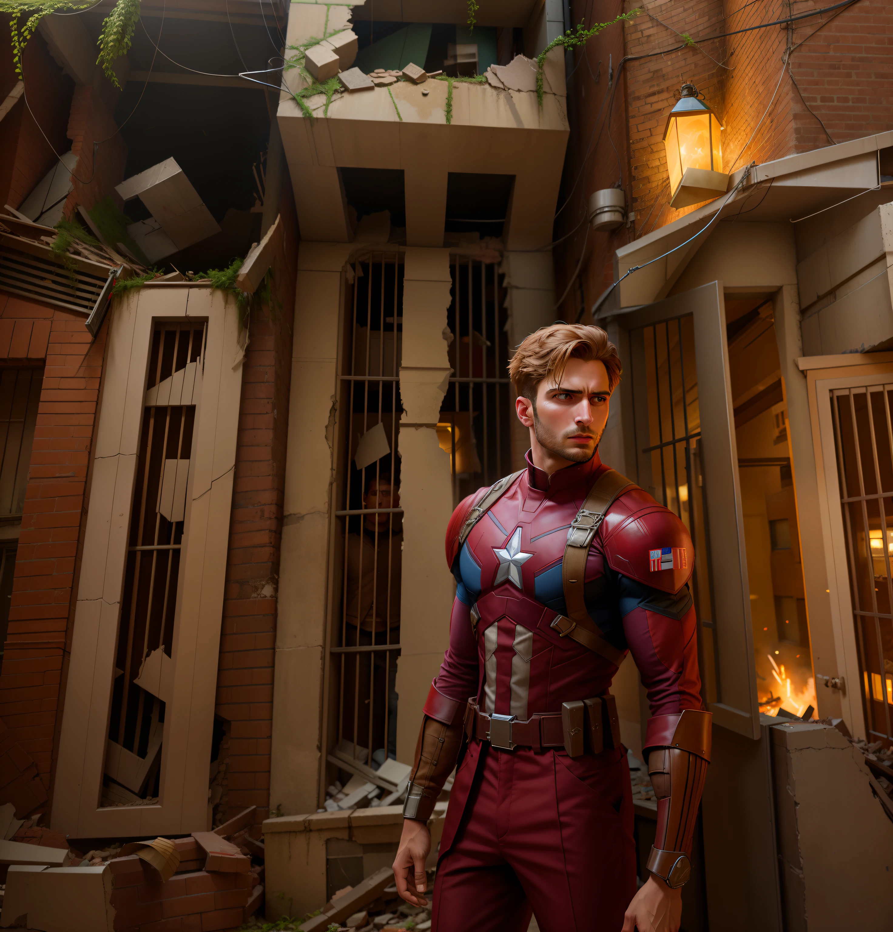 there is a man standing in front of a destroyed building in captain America suit with his shield and thors hammer, inspired by Captain America , assamese aesthetic, wearing the suit of Captain America, in city street, standing in an alleyway, in front of a a collapsed city, candid picture, wearing a suit of Captain America, with a terrored face, handsome man, with a happy horrified looks, America