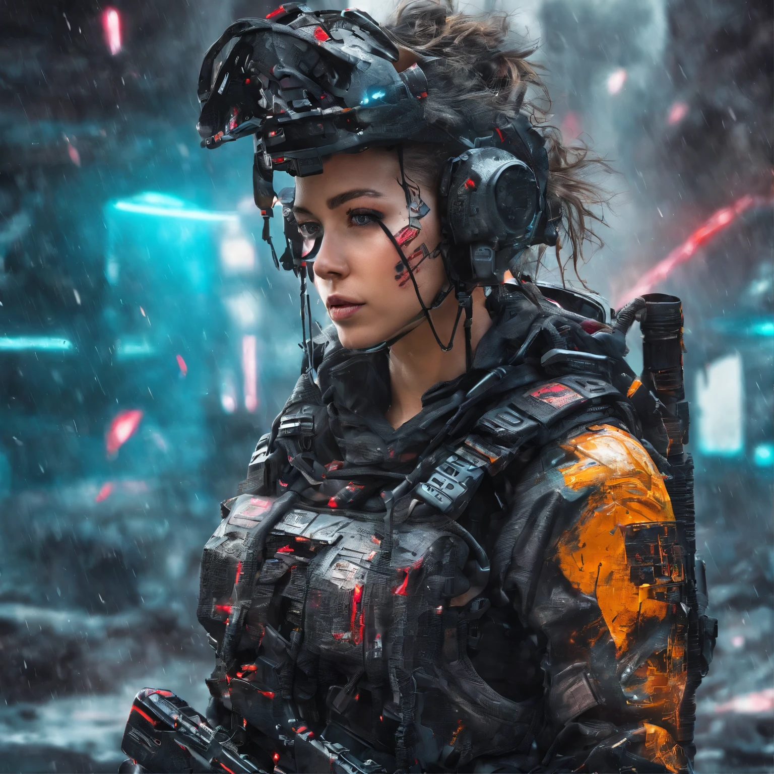 Postapocalyptic combat scene with a Beautiful hyperrealistic photograph of cute Young Swedish woman with Runic tattoos, ((dirty face Blood splattered)), (((wearing full heavy mecha armor, combat harness, Neon highlights))) Short Red Dreadlocks, combat pose, (((Holding on to the side of a combat Sci-Fi Combat helicopter))), exterior of Destroyed building, Fires, Smoke, debris, Camo netting, Ammo Boxes, Rain, Stormy, Wet, abstract beauty, near perfection, pure form, intricate detail, 8k post-production, High resolution, super Detail, trending on ArtStation, sharp focus, studio photos, intricate detail, Very detailed, By Greg Rutkowski