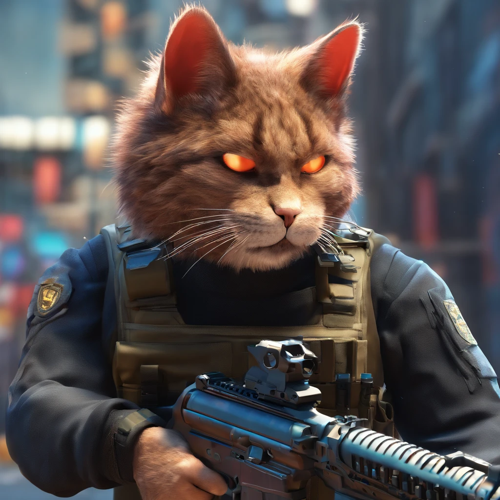 Antro Gato, roupa SWAT preta, Detailed dark mascara, pele perfeita, sorridente, he's on the side of a SWAT armored car, em uma cidade, He is heavily armed with a rifle, rule of thirds, fundo de alta qualidade, Ultra-detailed scenario, Ultra sharp focus, Detailed dark mascara, foto profissional perfeita, fundo escuro com luzes de cores vermelha e azul