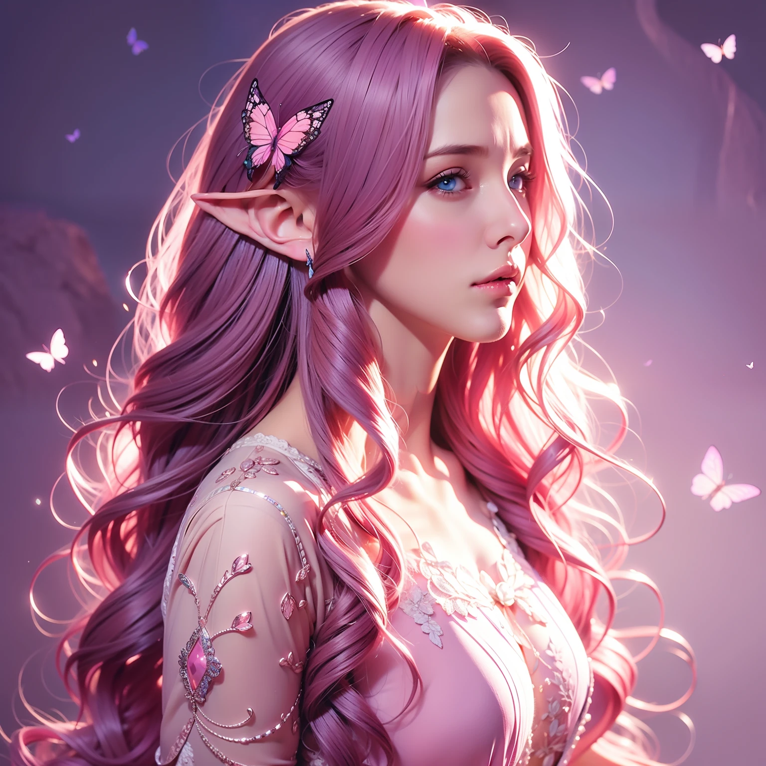 a woman, long curly hair, blue eyes, pink hair, low-cut clothes, medieval background, Eleven, submissive, Magical background, butterfly, , elf