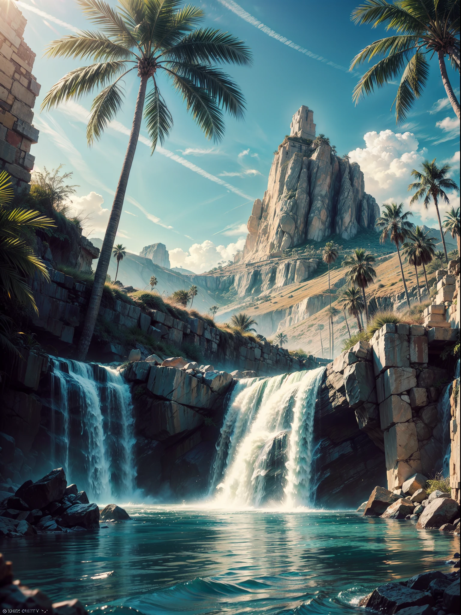 Palm Tree desert island, beautiful deset island, palm trees desert island, artificial waterfall, realistic detailed portrait, AMD FidelityFX Super resolution 3, day light effects, cinematic day light, ocean, masterpiece collection award winning artwork, official art,