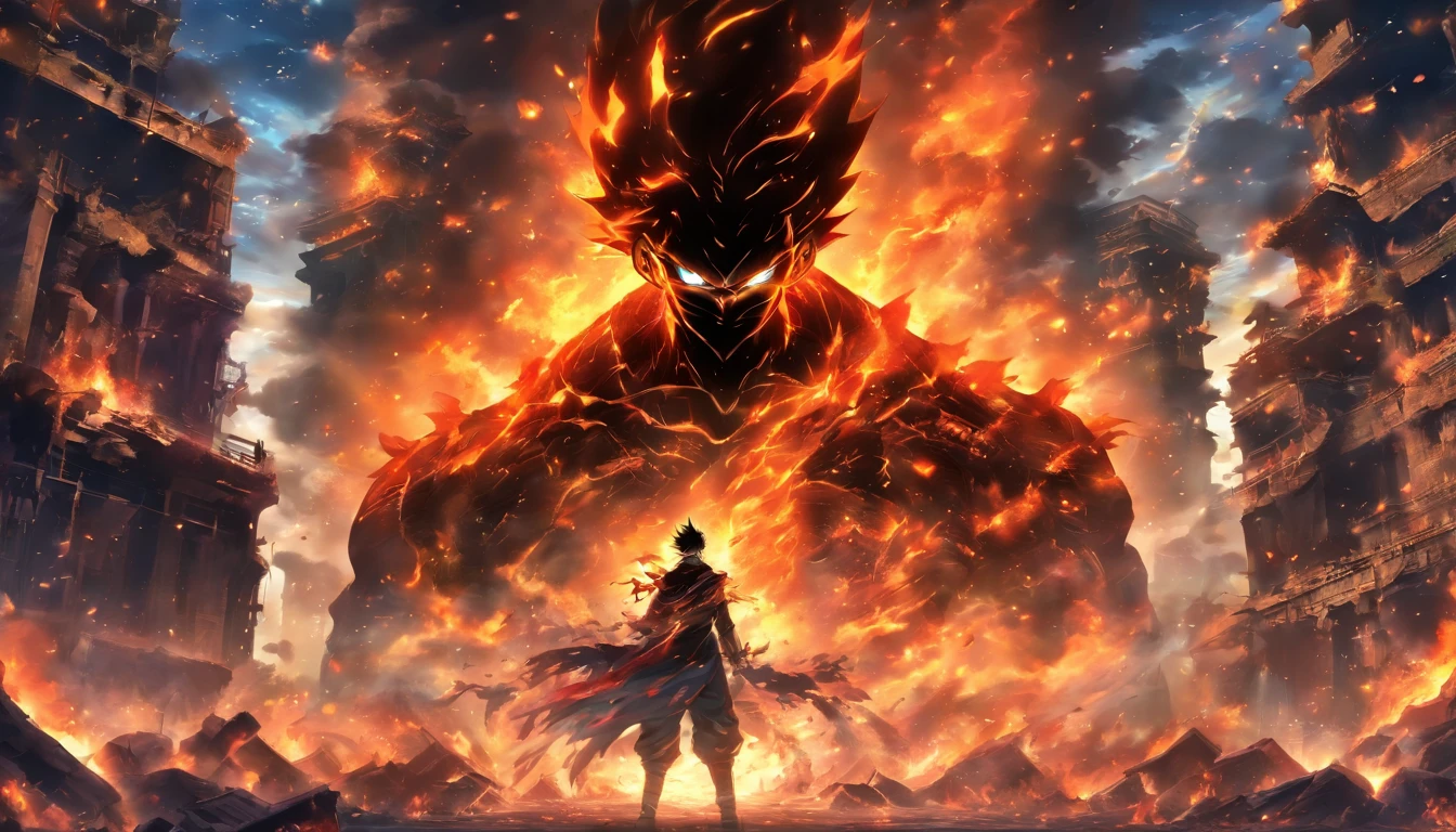 A towering man standing amidst ruins, surrounded by burning flames and collapsed buildings, with a cold and powerful gaze, his body exuding dark energy, as if capable of destroying everything, ,in the style of the stars art group xing xing , 32k, best quality, masterpiece, super detail, high details,