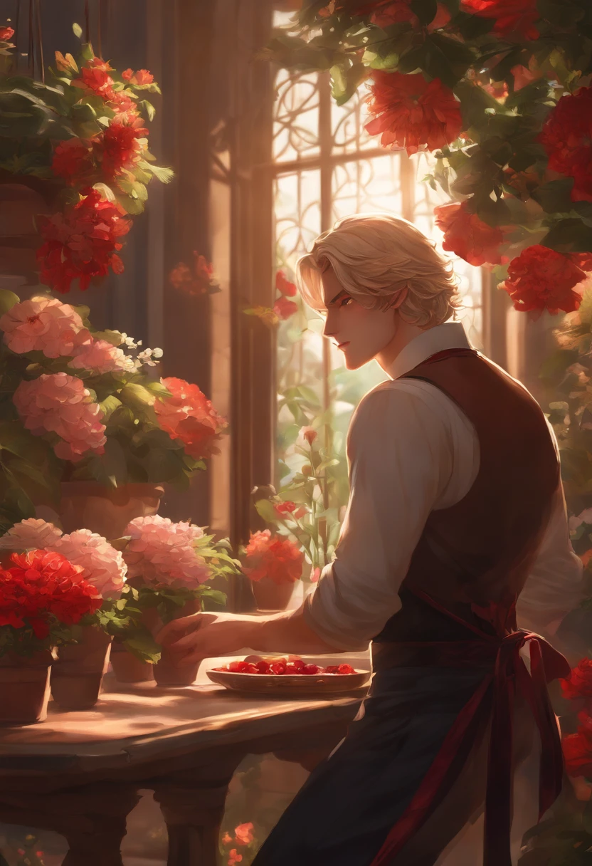 extremely delicate and beautiful, Amazing, finely detail, masterpiece, ultra-detailed, highres,best illustration, best shadow,intricate,sharp focus,  high quality, 1male, solo, blond hair. red eyes, kaveh genshin impact, glass greenhouse, flowers in pots, flowers for sale, man looking at flowers, flowers everywhere