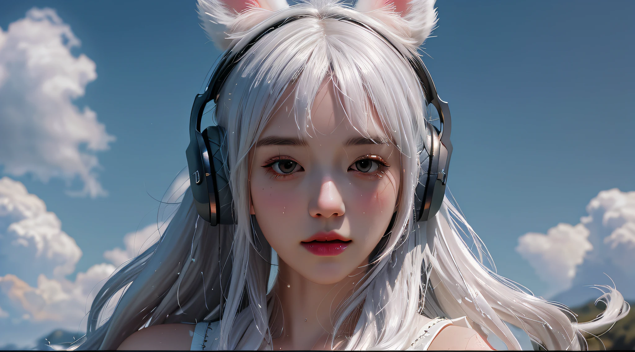 Highest quality, highest resolution, masterpiece, ultra hd mobile wallpaper, girl with headphones with landscape, upper body, dancing, white hair, rabbit ear hair ornaments, blush, drooling, temptation, craving, wet, imaginative background, master contrast, Sony ultra wide angle shooting, realistic