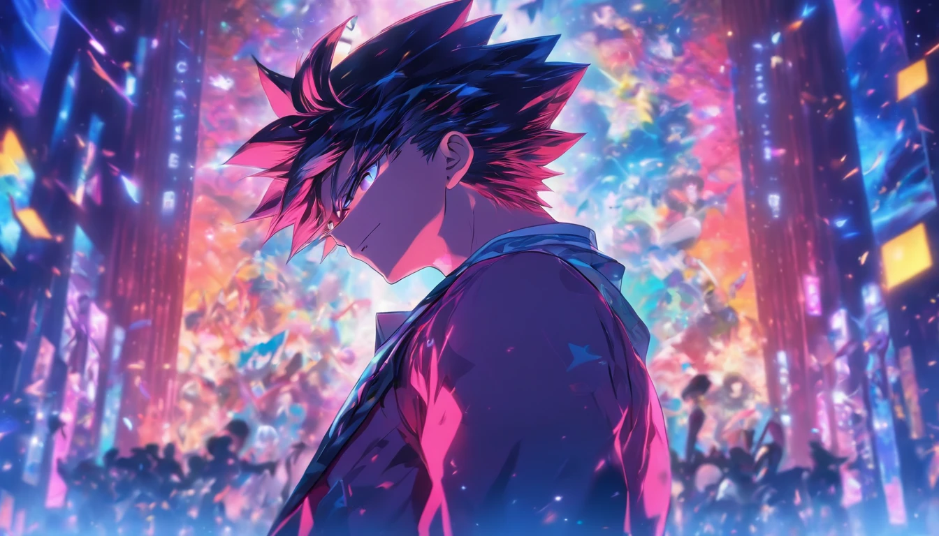 A young anchor standing on the stage of a live streaming room, facing countless screens of audience, with a determined and confident expression but a hint of hurt and confusion in his eyes, a large screen on the stage displaying mocking comments from millions of netizens, intense lighting shining on him, ,in the style of the stars art group xing xing, 33k, best quality, masterpiece, super detail, high details