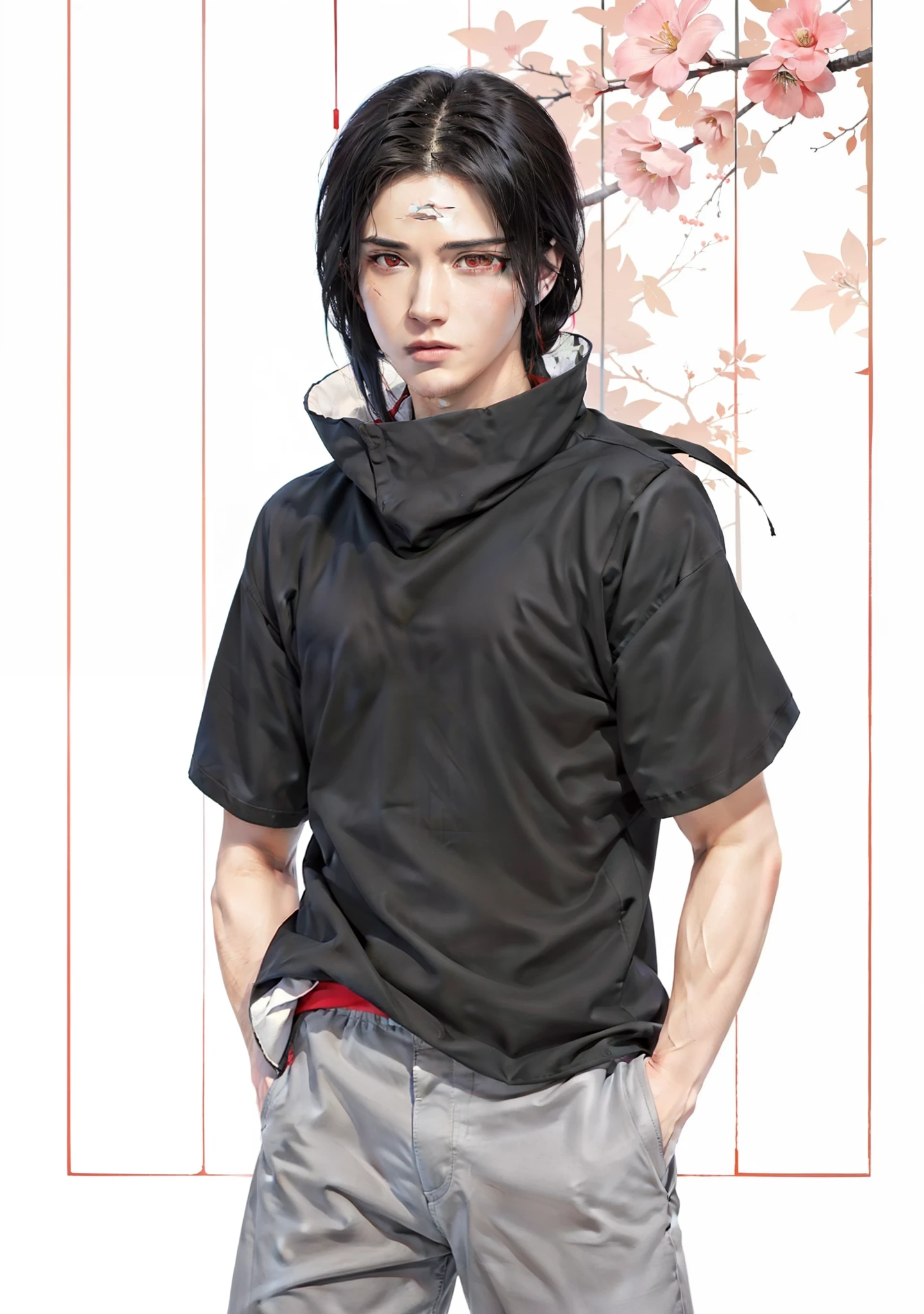 1man, uchiha itachi in anime naruto, long hair , black hair, red eyes, handsome, grey clothes, realistic clothes, detail clothes, outdoor background, ultra detail, realistic