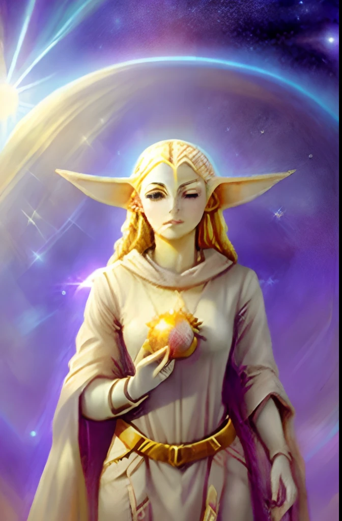 a painting of a woman with a halo and a star in her hand, portrait of magical blond prince, mystical cosmic messenger, astral appearance, jean delville and mark brooks, alex grey and tim hildebrandt, solar beings, tyler edlin and jean delville, elven angel meditating in space, vril, inspired by Sigurd Swane