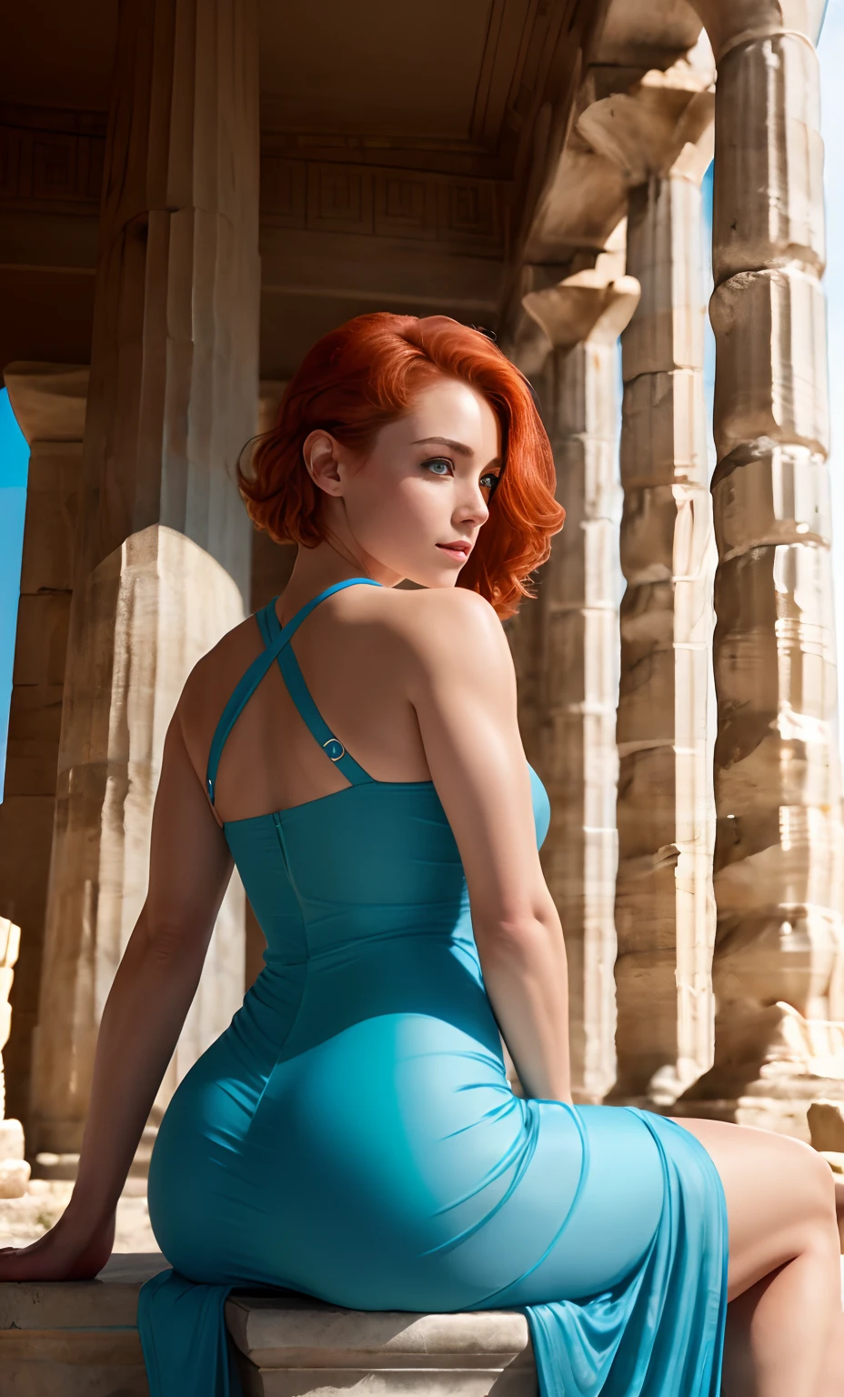 Masterpiece, (((full figure))) entire body in frame, (((magical lighting action shot))) (((beautiful slight smile anorexic pale goddess Irish woman sitting in greek temple))), ((( flowing dress showing off body looking into camera))) , (((short redhead hair))) moody lighting, blue hour, blue colors, very detailed, dramatic lighting, digital art trending on Artstation 8k HD high definition detailed realistic, detailed, skin texture, hyper detailed, realistic skin texture, armature, best quality, ultra high res, (photorealistic:1.4), high resolution, detailed, raw photo, sharp re, by lee jeffries nikon d850 film stock photograph 4 kodak portra 400 camera f1.6 lens rich colors hyper realistic lifelike texture dramatic lighting unrealengine trending on artstation cinestill 800, (((accurate female anatomy, perfect eyes))), ass emphasized, accentuated ass, back shot, ((wide hips, slightly rounded))
