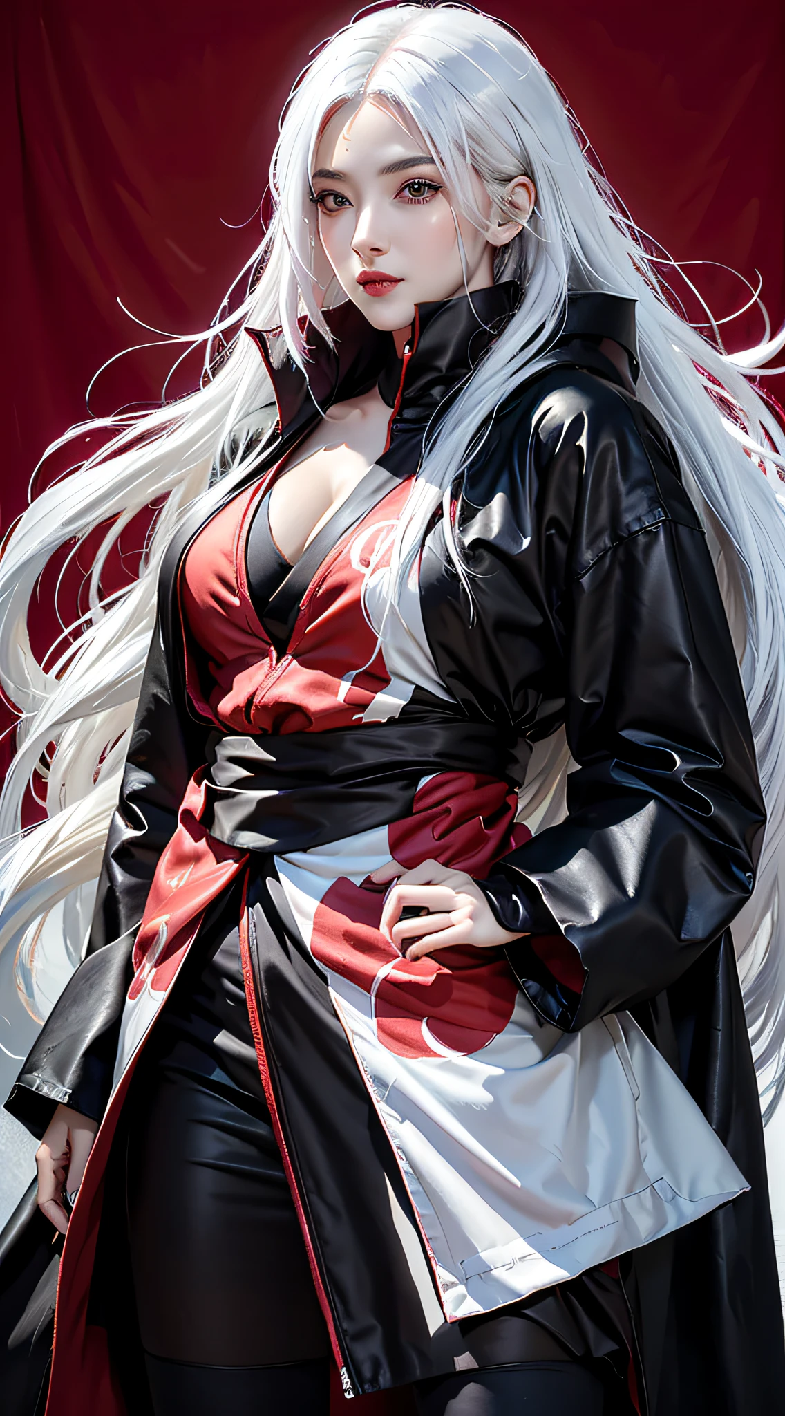Best quality, masterpiece, high resolution, (perfect body shape), 1girl, detailed face, red lips, white hair, AKATSUKI OUTFIT, ninja, black cloak, black coat, sharingan eyes