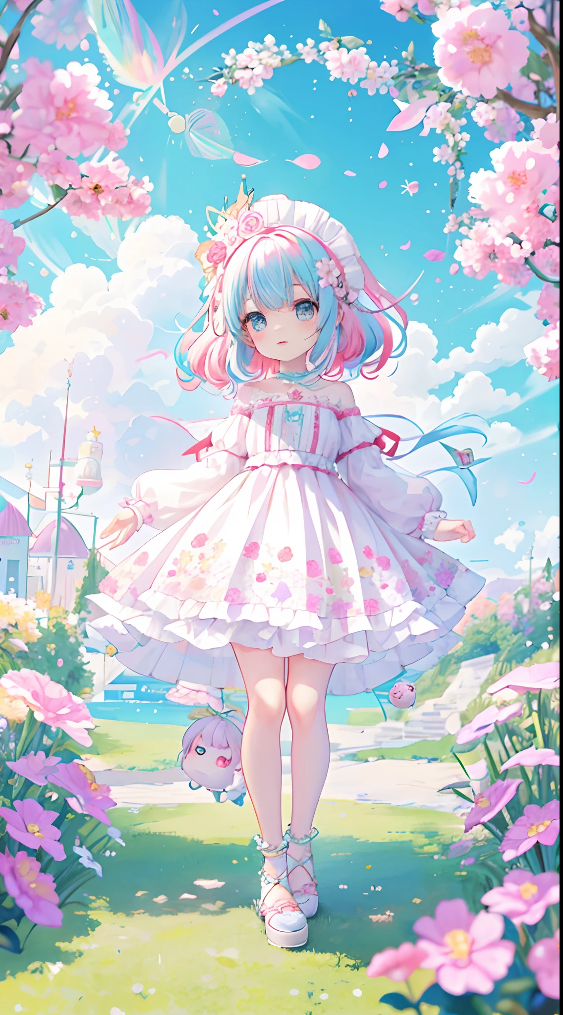((a sticker:1.5))), ((chibi character)), (white backgrounid), fluffly, Girl vs, Floral floral dress, full body Esbian, pastel-colored hair, Pastel colors hair, fairytale-like, Fringed skirt design, tmasterpiece, best qualtiy,Shining eyes、Cute Baby Turtle!!tchibi!!!,